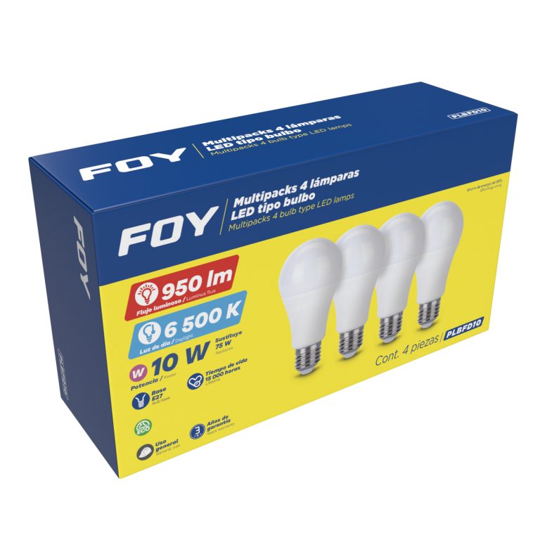 PLBFD10 Paquete de 4 lámparas de LED tipo bulbo A19, 10 W luz de día Foy