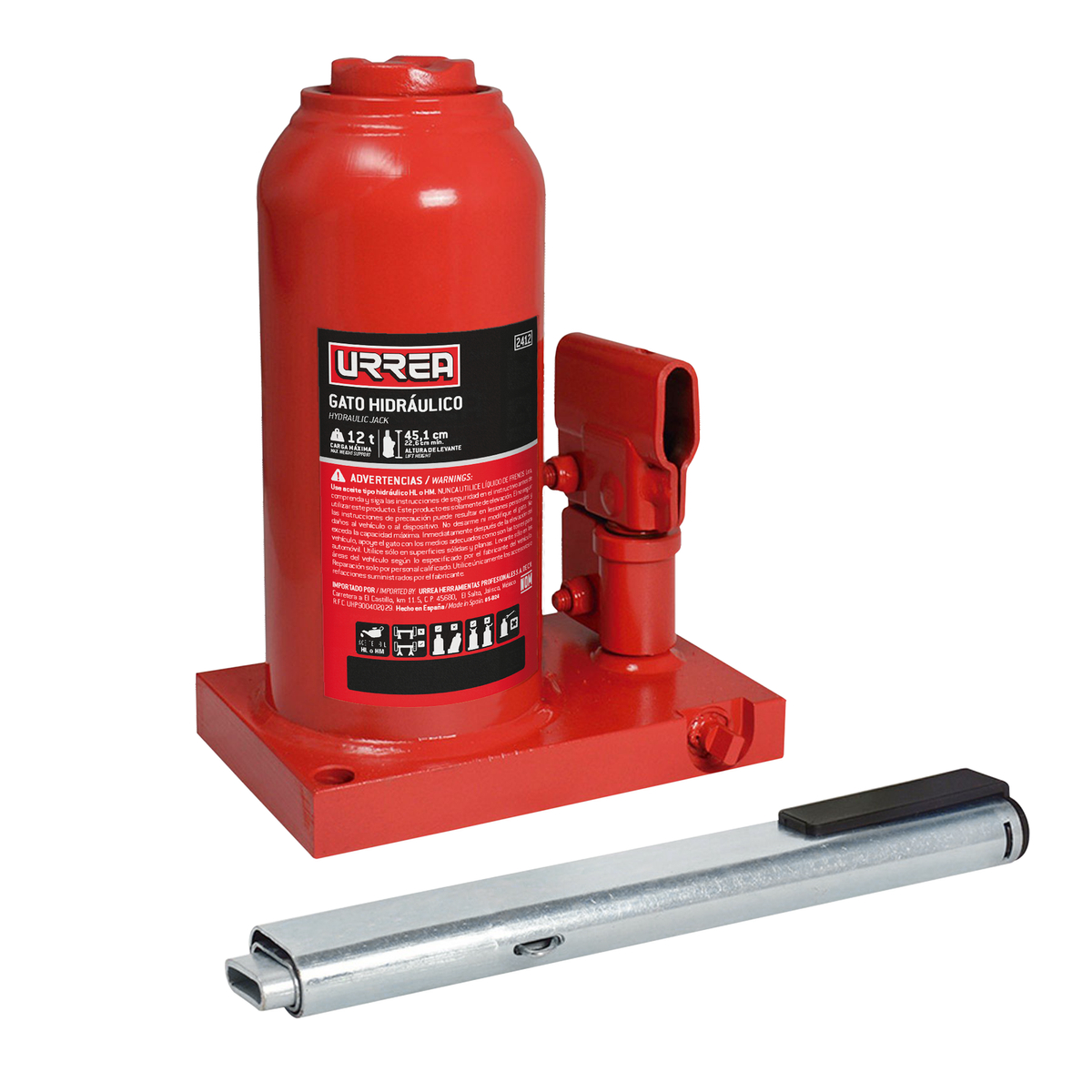 2412 Gato hidráulico de botella con palanca telescópica de tres piezas galvanizada, 12 ton Urrea