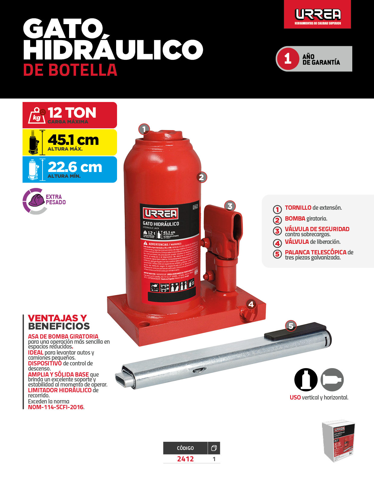 2412 Gato hidráulico de botella con palanca telescópica de tres piezas galvanizada, 12 ton Urrea - Imagen 3