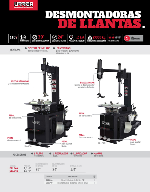 DLL24B Desmontador llantas con brazo 24", 110V-60 Hz, 1-1/2 HP Urrea. - Imagen 2