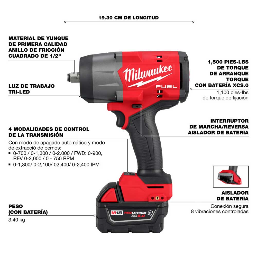 2967-22-A M18 FUEL™ 1/2" LLAVE DE IMPACTO CUADRO DE ALTO TORQUE KIT CON DOS BATERIAS Y CARGADOR - Imagen 6
