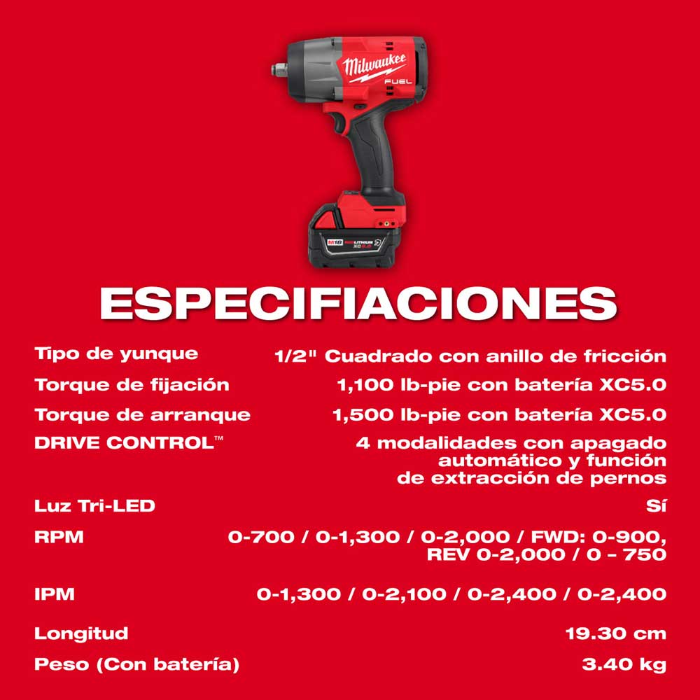 2967-22-A M18 FUEL™ 1/2" LLAVE DE IMPACTO CUADRO DE ALTO TORQUE KIT CON DOS BATERIAS Y CARGADOR - Imagen 8