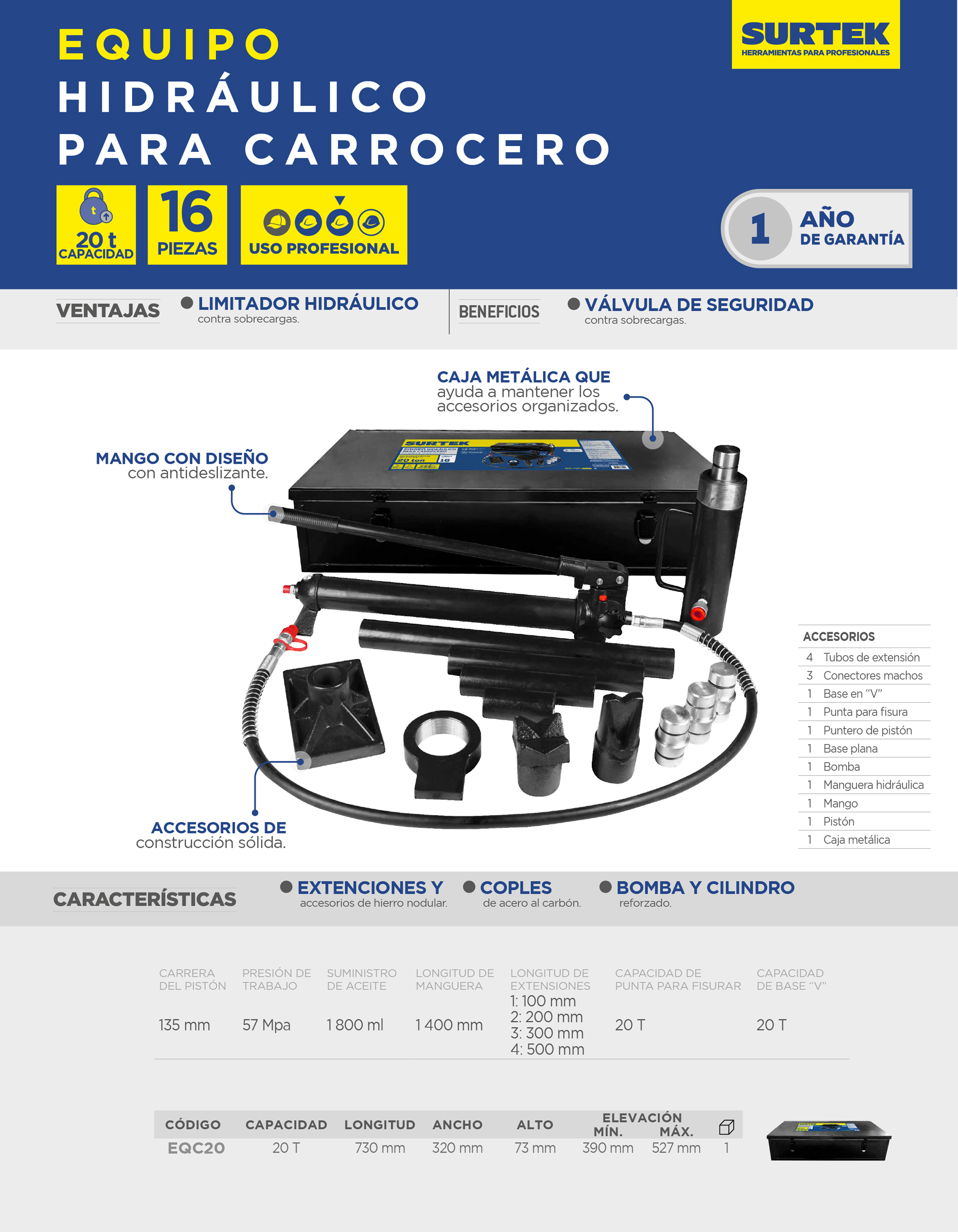 EQC20 Equipo hidráulico para carrocero 20 toneladas, 16 piezas Surtek - Imagen 2