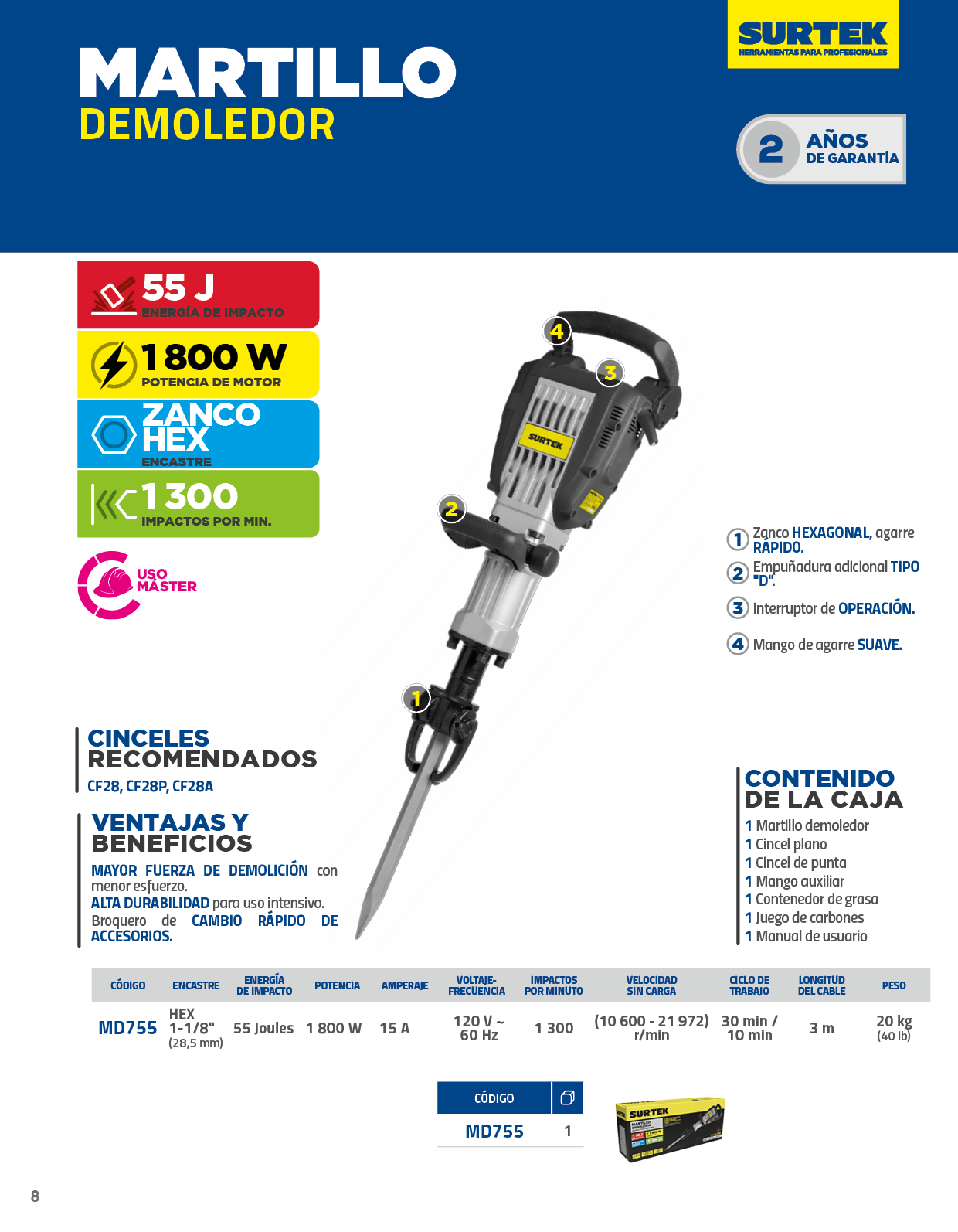 MD755 Martillo demoledor con control anti-vibración, zanco hexagonal 1800W, 120V, 55J, 1300 IPM Surtek - Imagen 4