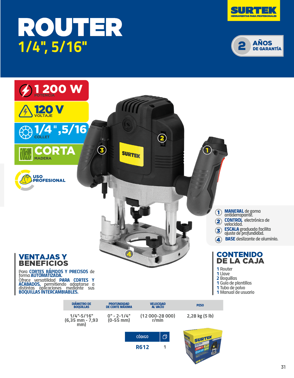 R612 Router 1/4"-1/2" 1200 W 120 V, 1200-30000 RPM Surtek - Imagen 3