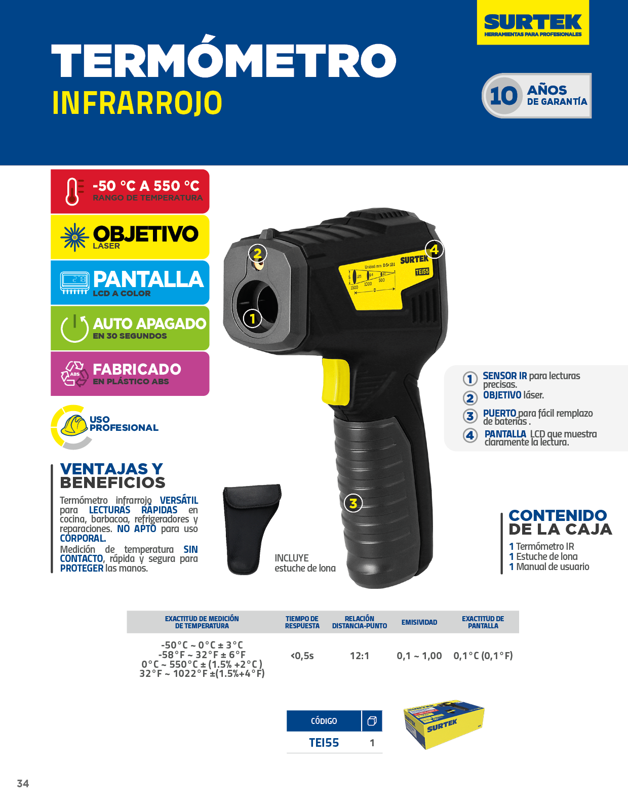 TEI55 Termómetro infrarrojo con pantalla LCD -50°C a 550°C Surtek - Imagen 3