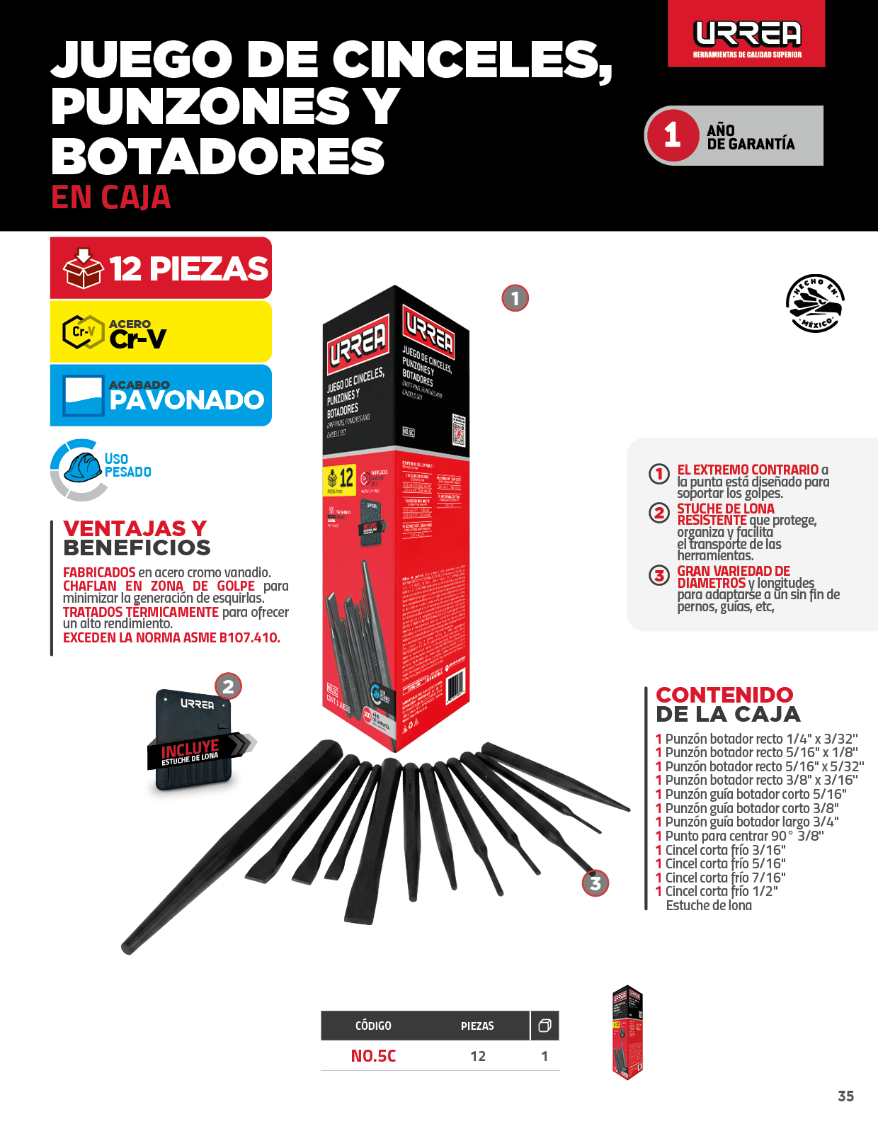 NO.5C Juego de punzones, cinceles y botadores, 12 piezas en caja Urrea - Imagen 3