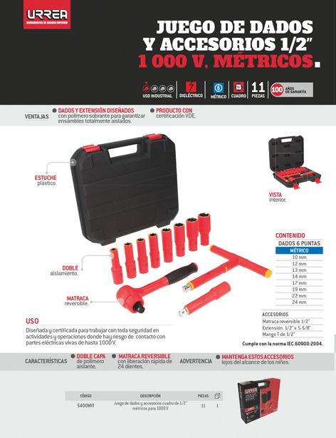5400MVI Juego de dados y accesorios cuadro de 1/2" métricos para 1000 V, 11 piezas Urrea - Imagen 2