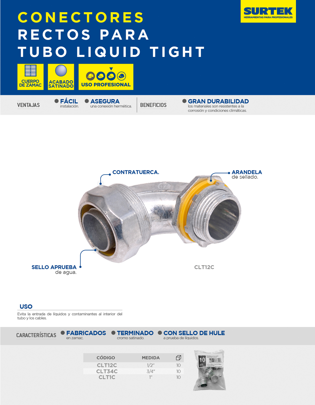 CLT12C Conector curvo para tubo liquid tight 1/2" Surtek - Imagen 2