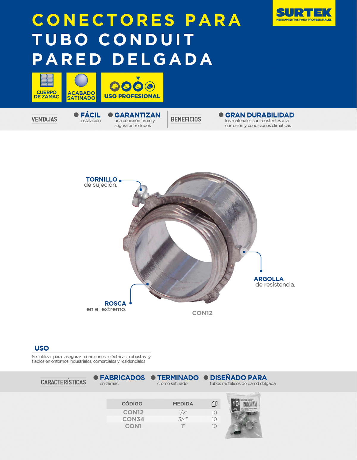 CON1 Conector para tubo conduit pared delgada 1" Surtek - Imagen 2