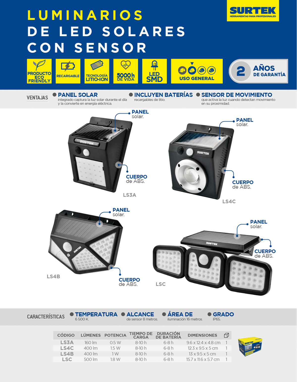 LS3A Luminario de LED solar con sensor de 160 lm Surtek - Imagen 2