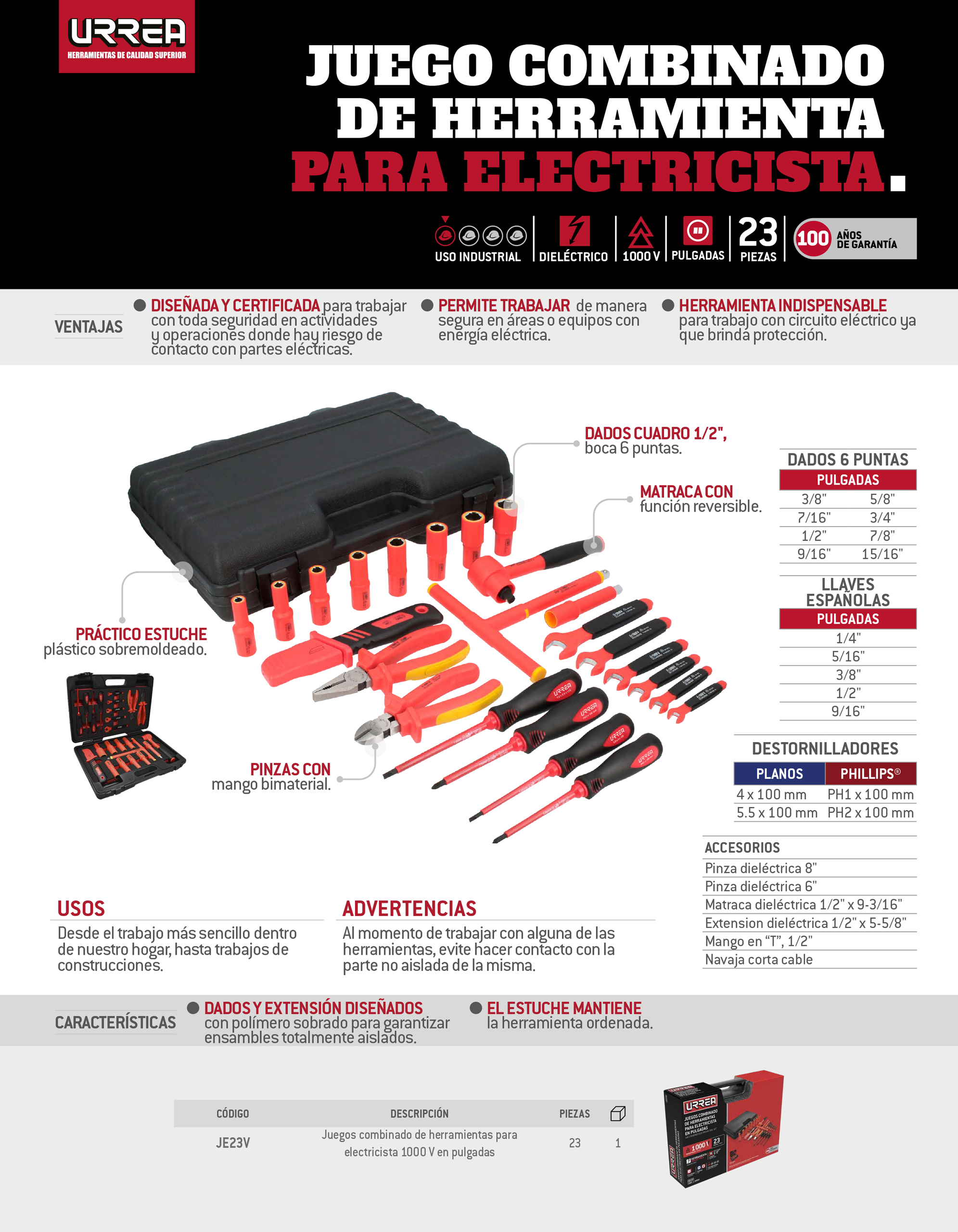 JE23V Juegos combinado de herramientas para electricista 1000V en pulgadas, 23 piezas Urrea - Imagen 2