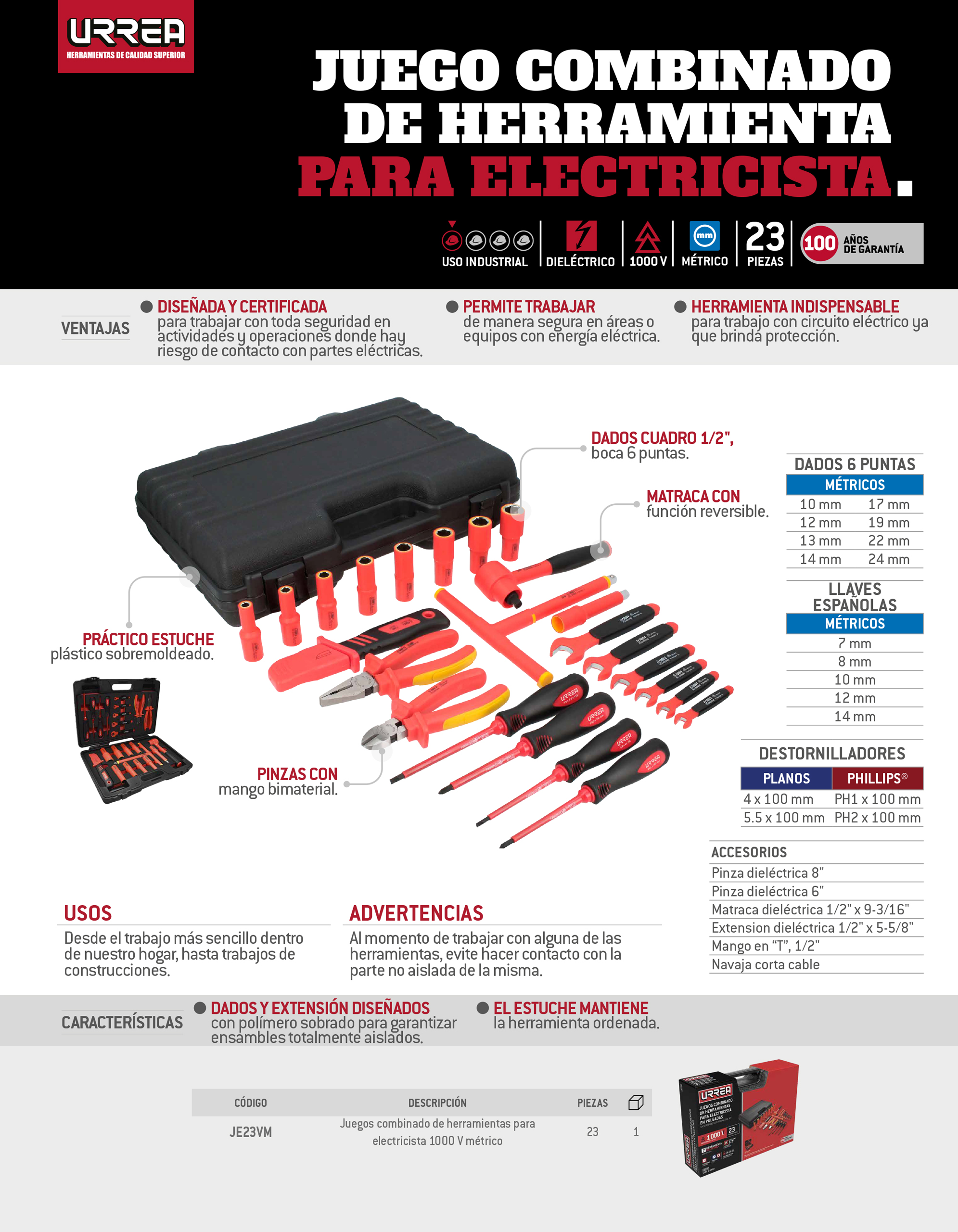 JE23VM Juegos combinado de herramientas para electricista 1000V métrico, 23 piezas Urrea - Imagen 2