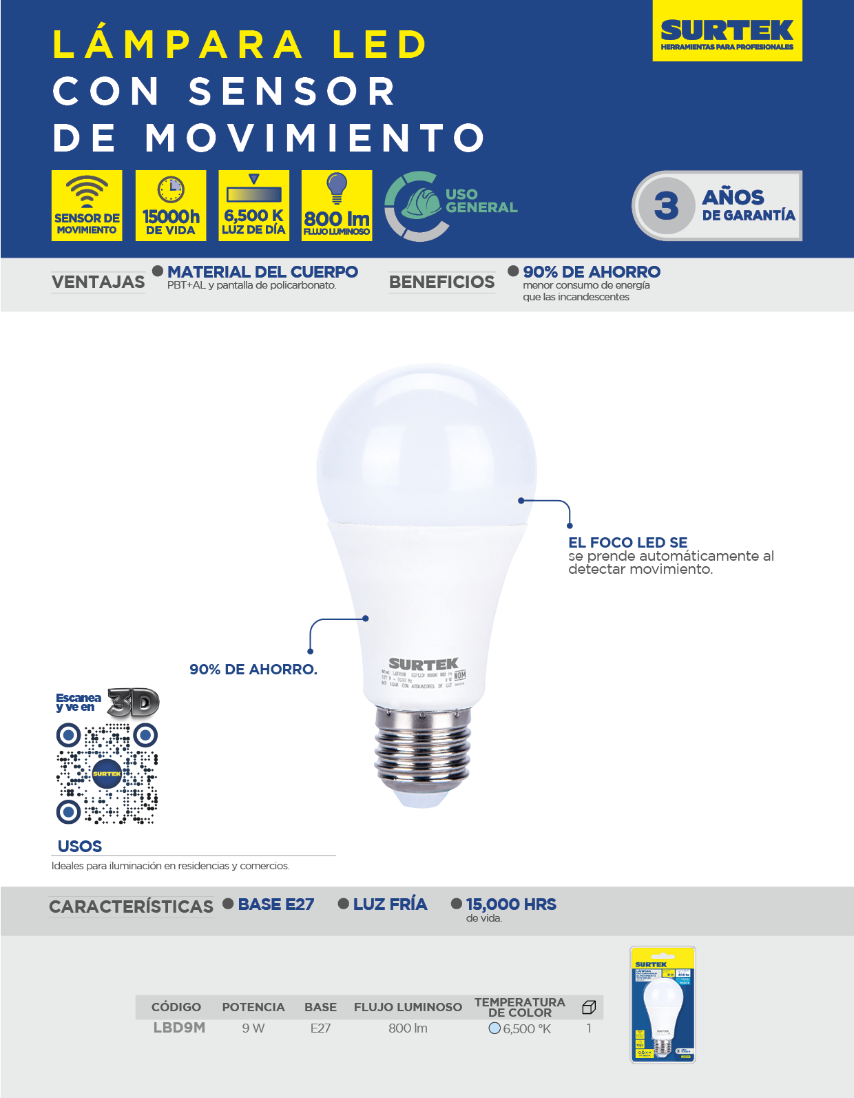 LBD9C Lámpara de LED tipo bulbo A19, 9 W luz de día con sensor crepuscular Surtek - Imagen 2