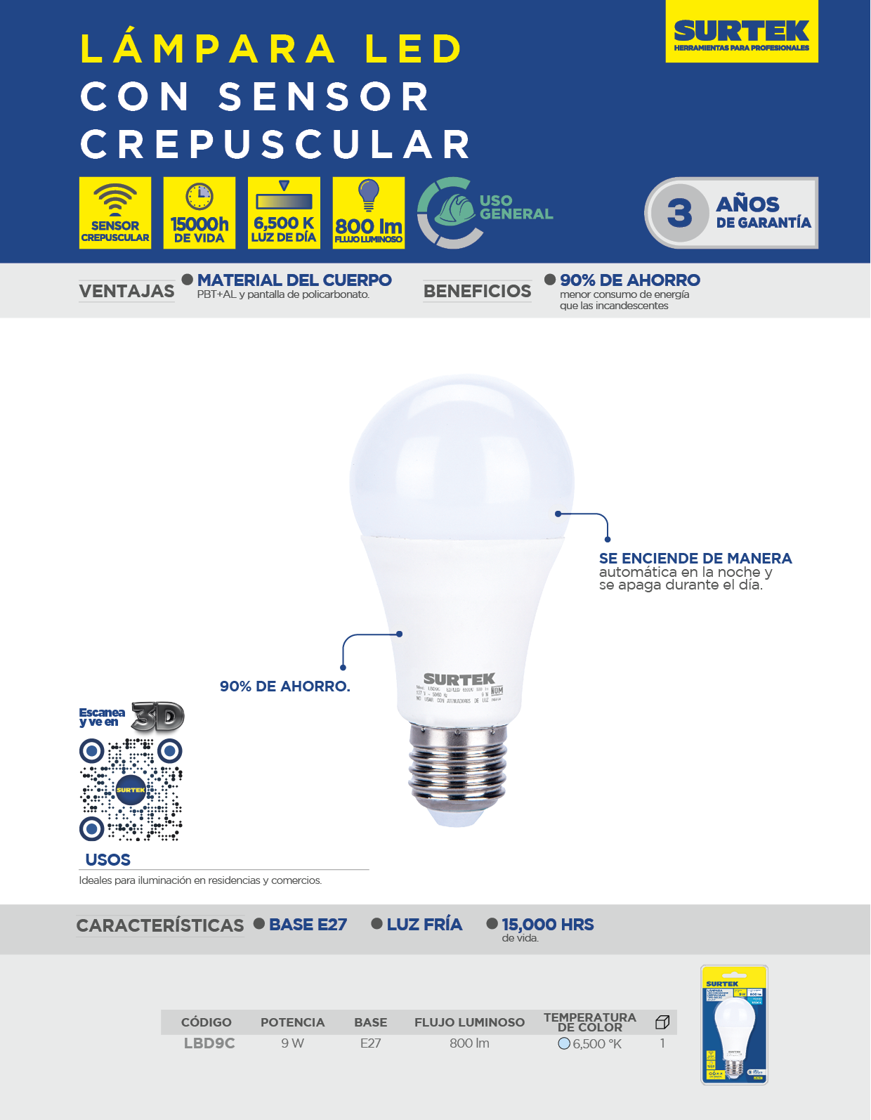 LBD9M Lámpara de LED tipo bulbo A19, 9 W luz de día con sensor de movimiento Surtek - Imagen 2