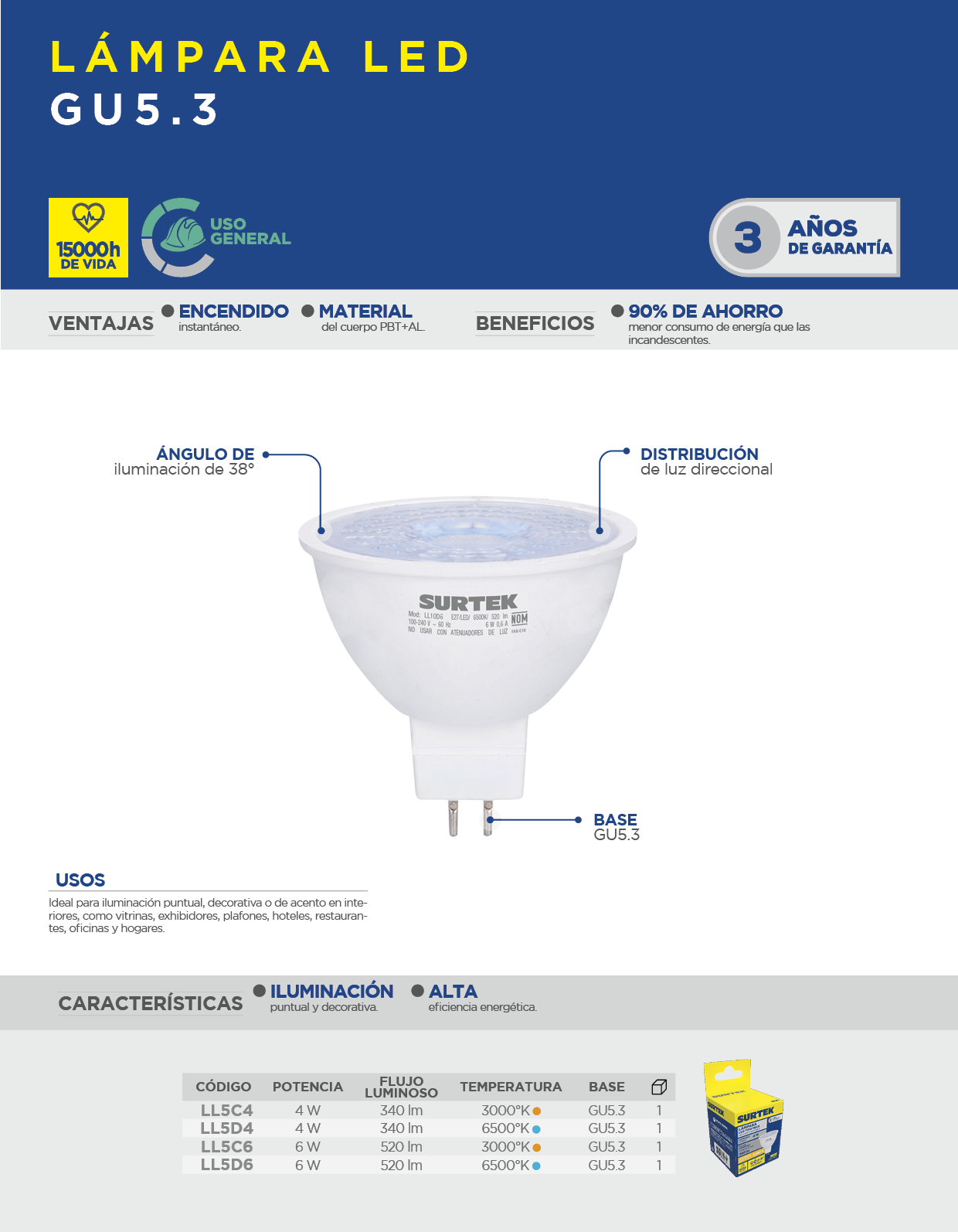 LL5C4 Lámpara de LED tipo GU5.3, 4 W luz cálida Surtek - Imagen 2
