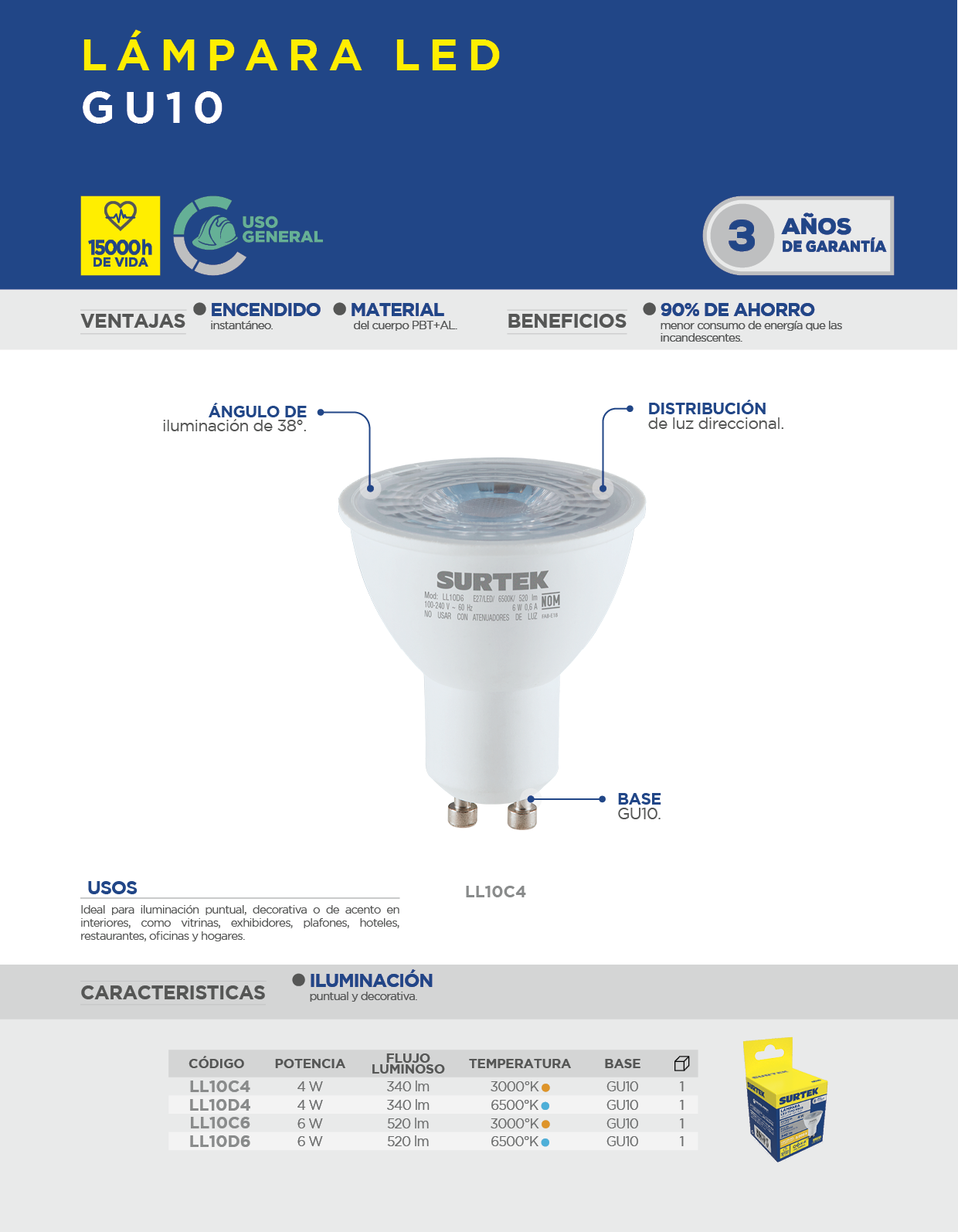 LL10C4 Lámpara de LED tipo GU10, 4 W luz cálida Surtek - Imagen 2