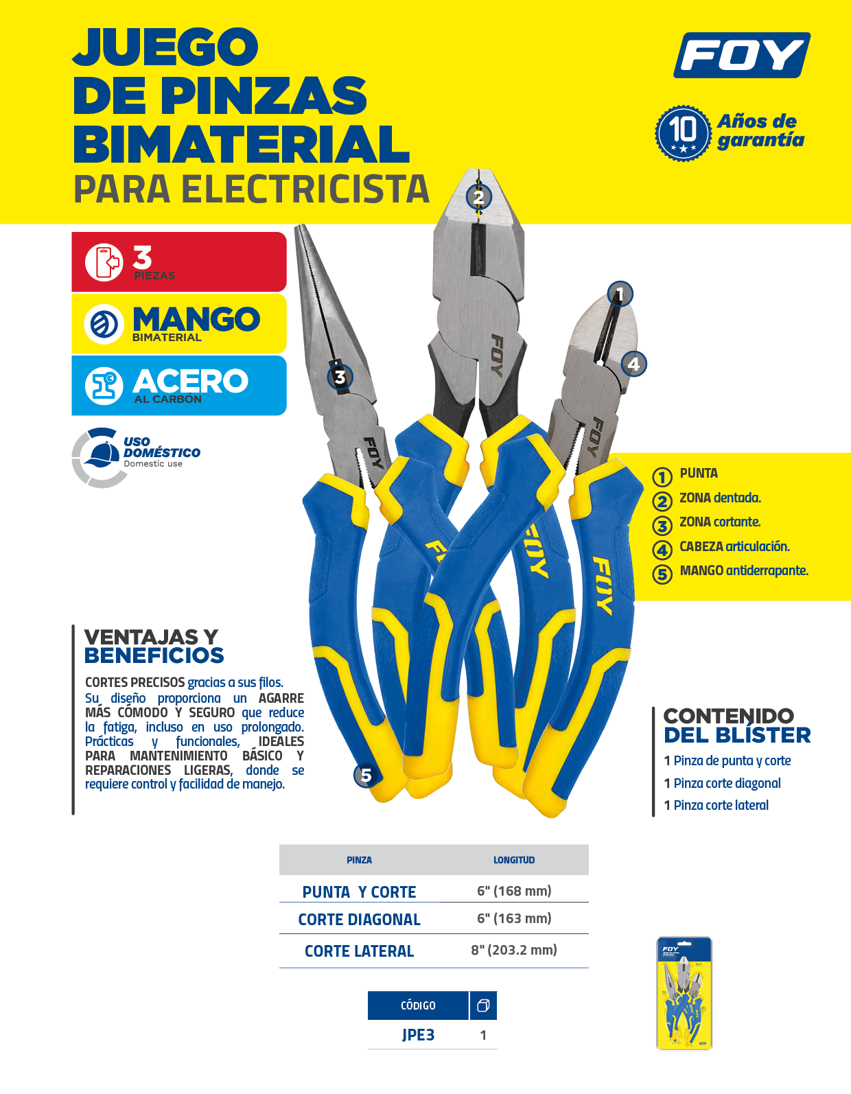 JPE3 Juego de pinzas para electricista con mango bimaterial combinado, 3 piezas Foy - Imagen 2
