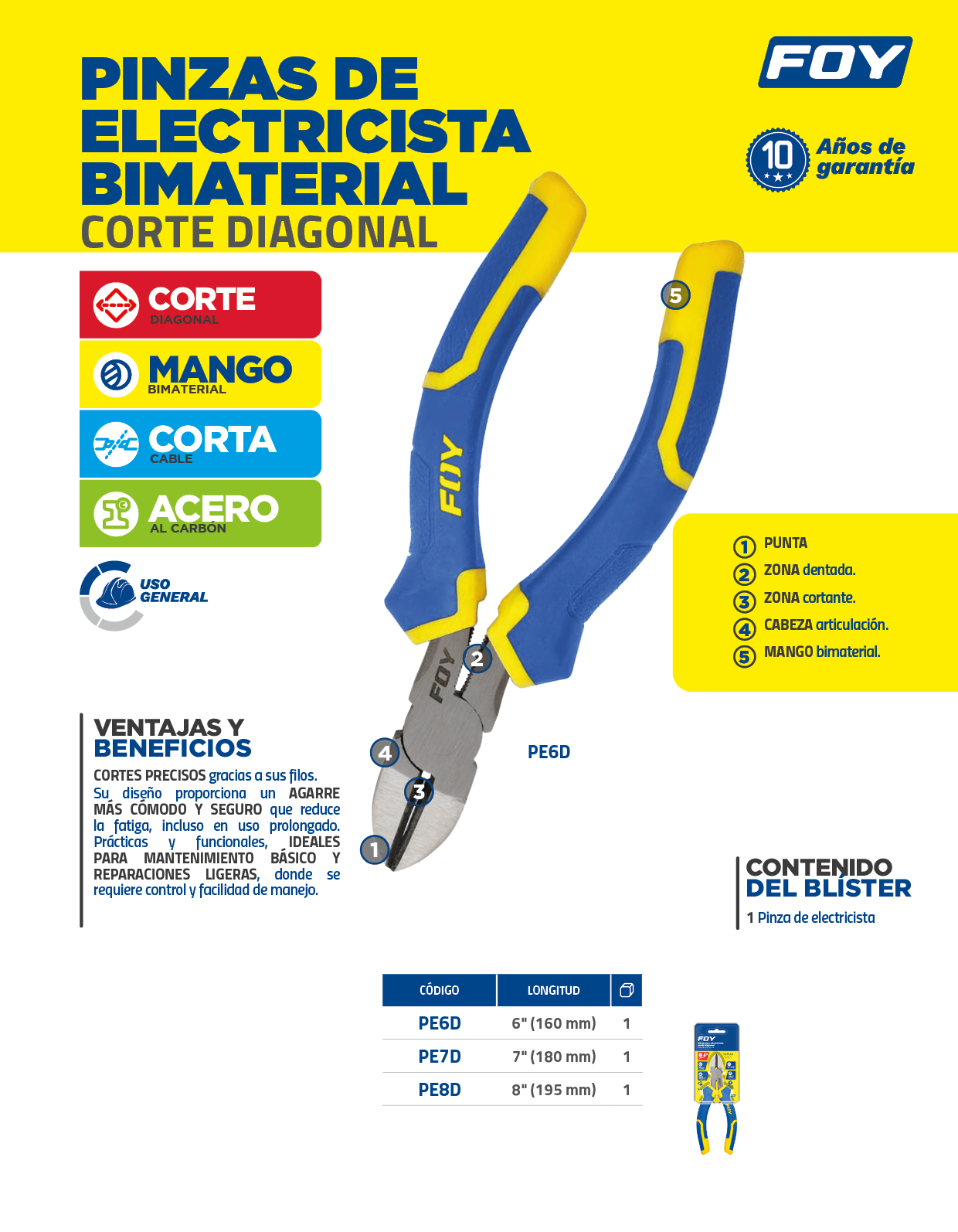 PE7D Pinza para electricista con mango bimaterial corte diagonal de 7" Foy - Imagen 2