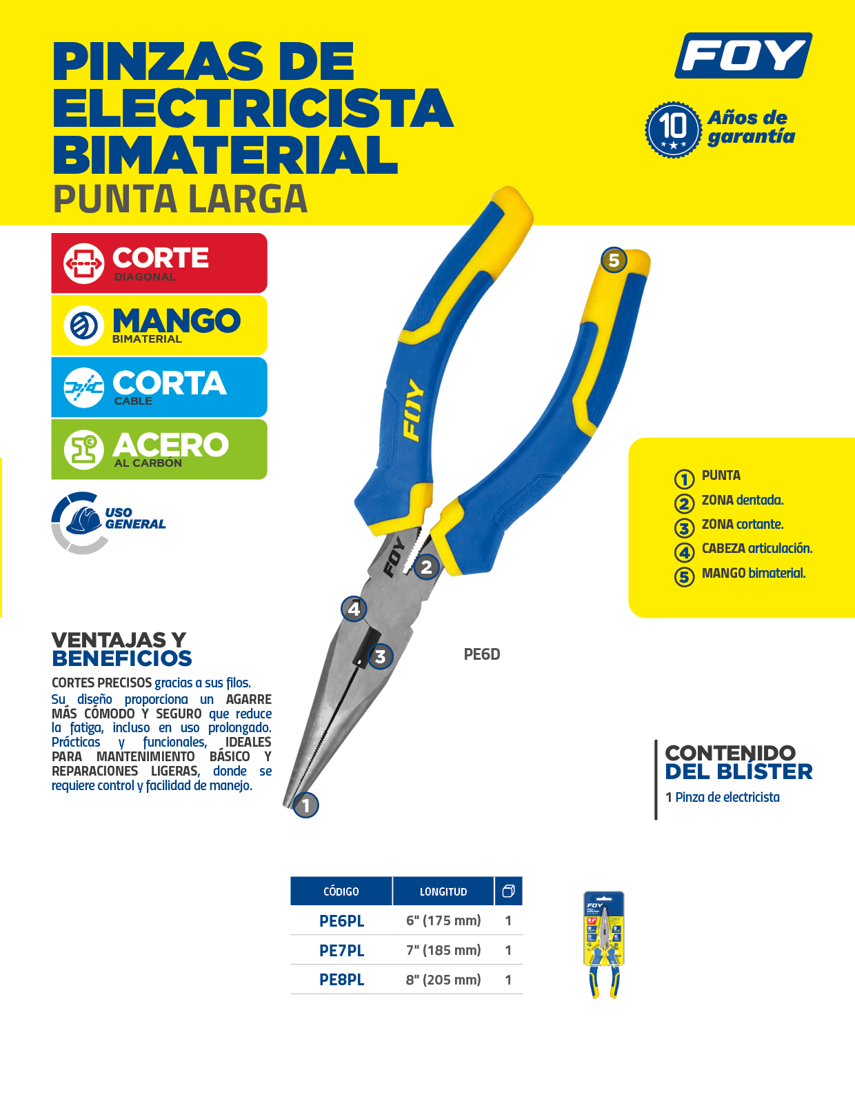 PE7PL Pinza para electricista con mango bimaterial punta larga de 7" Foy - Imagen 2