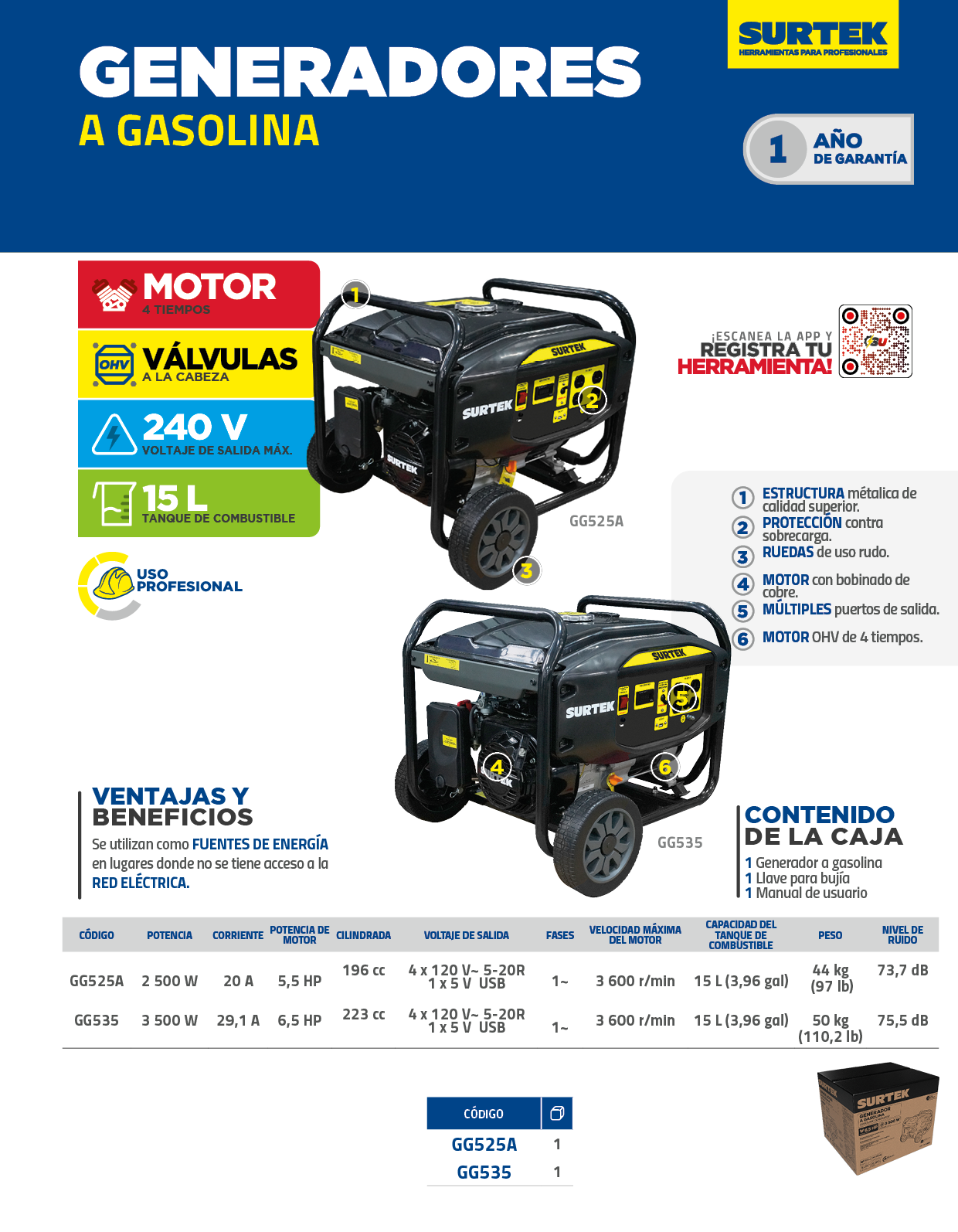 GG535 Generador a gasolina 3500 W, 223 cc 120-240 V Surtek - Imagen 3