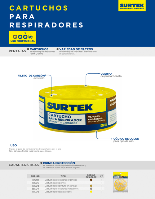 RC05 Cartucho para respirador con protección para gases ácidos Surtek - Imagen 2