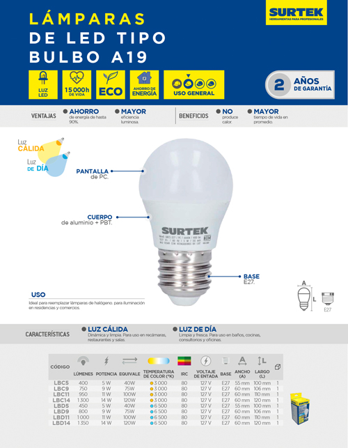 LBD11 Lámpara de LED tipo bulbo A19, 11 W luz de día Surtek - Imagen 2