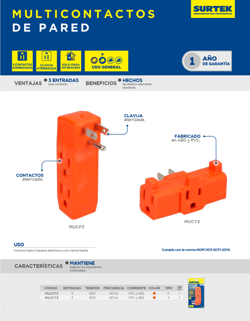 MUCF3 Multicontacto de pared tipo "F", 3 entradas, 15 A Surtek - Imagen 2