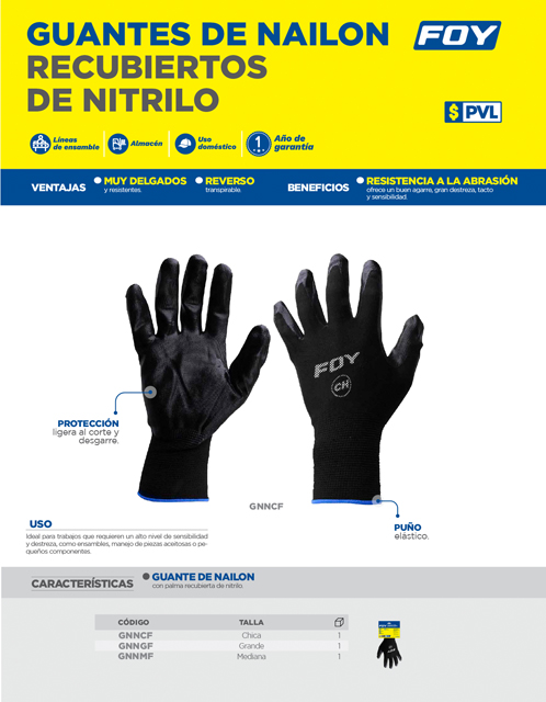 GNNCF Guantes de nailon con palma recubierta de nitrilo talla chica con puño elástico Foy - Imagen 2