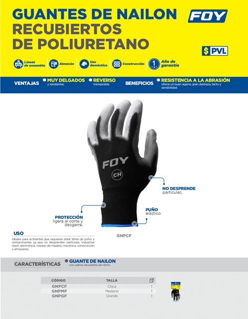GNPCF Guantes de nailon con palma recubierta de poliuretano talla chica con puño elástico Foy - Imagen 2