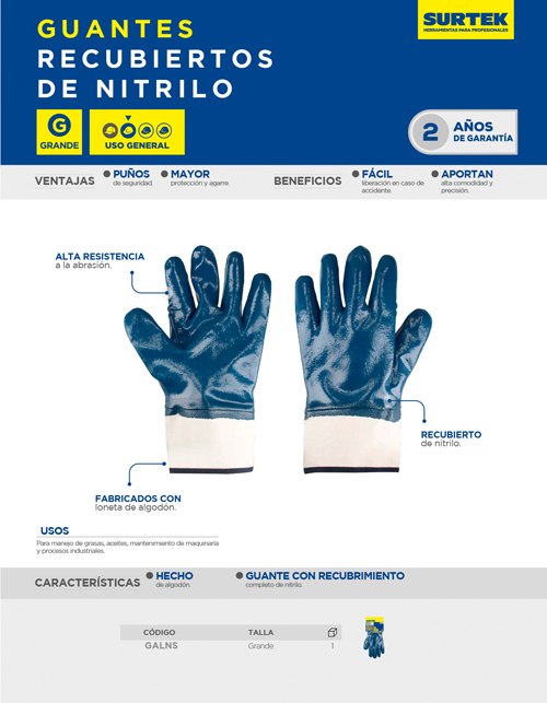 GALNS Guantes de algodón con recubrimiento de nitrilo talla G Surtek - Imagen 2