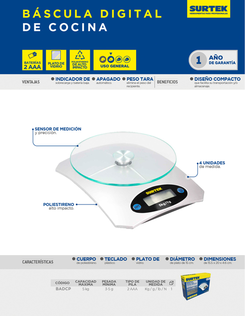 BADCP Báscula digital para cocina con plato 5 Kg Surtek - Imagen 2