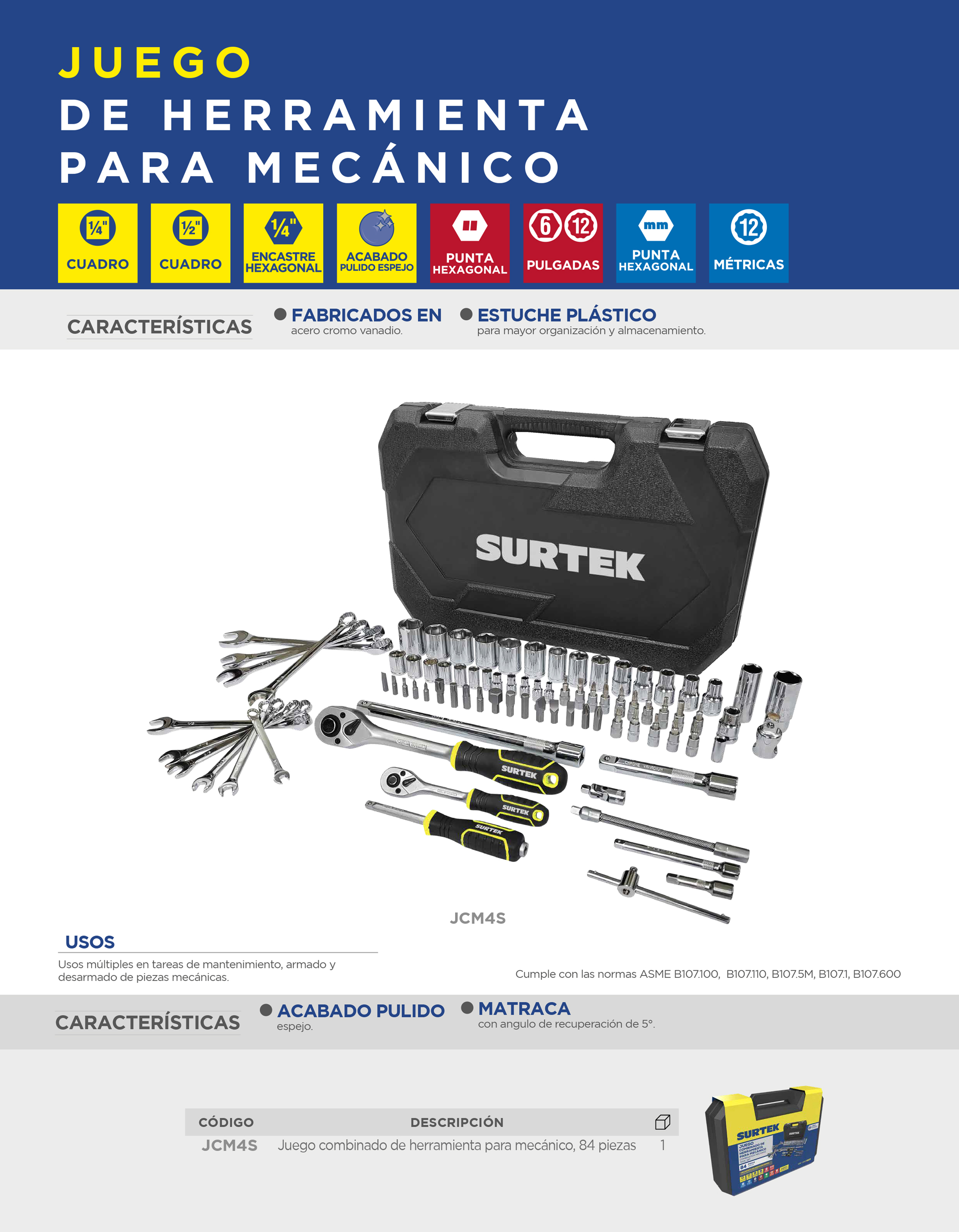 JCM4S Juego combinado de herramienta para mecánico 84 piezas, con maletín plástico Surtek - Imagen 2