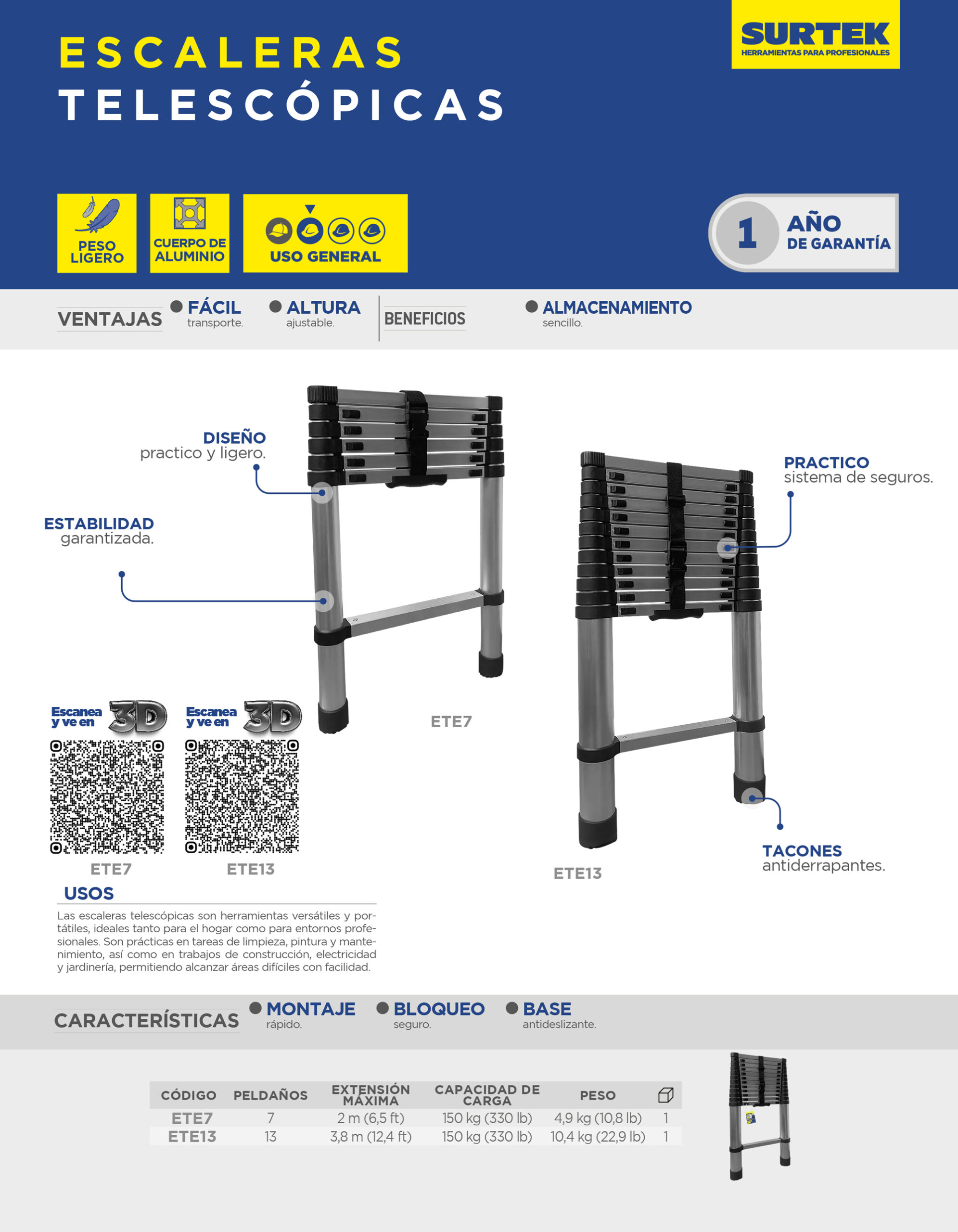 ETE13 Escalera telescópica de aluminio con 13 peldaños Surtek - Imagen 2