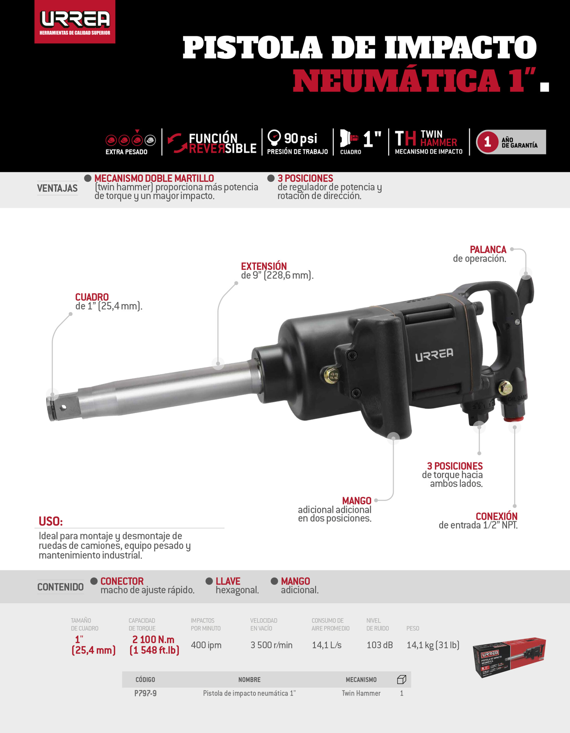 P797-9 Pistola de impacto neumática cuadro de 1" 1,535 Ft-lb con extensión 9" sistema twin hammer Urrea - Imagen 2