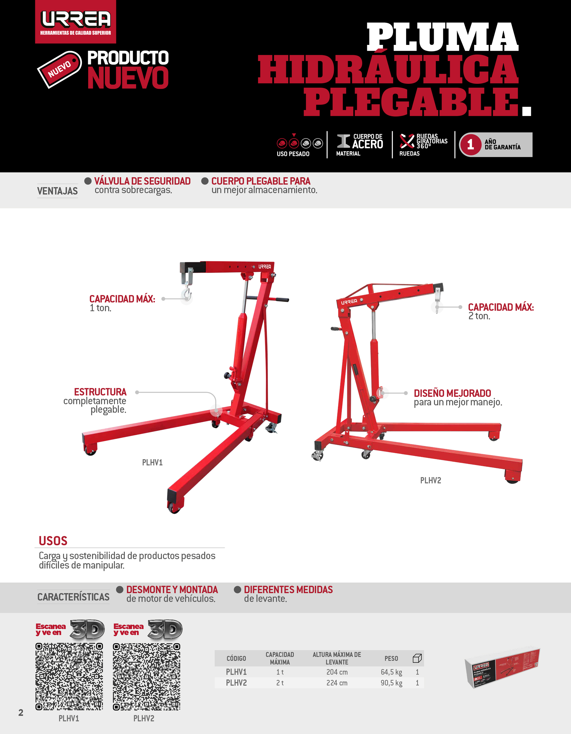 PLHV1 Pluma hidráulica plegable con patas V, 1 ton Urrea - Imagen 2