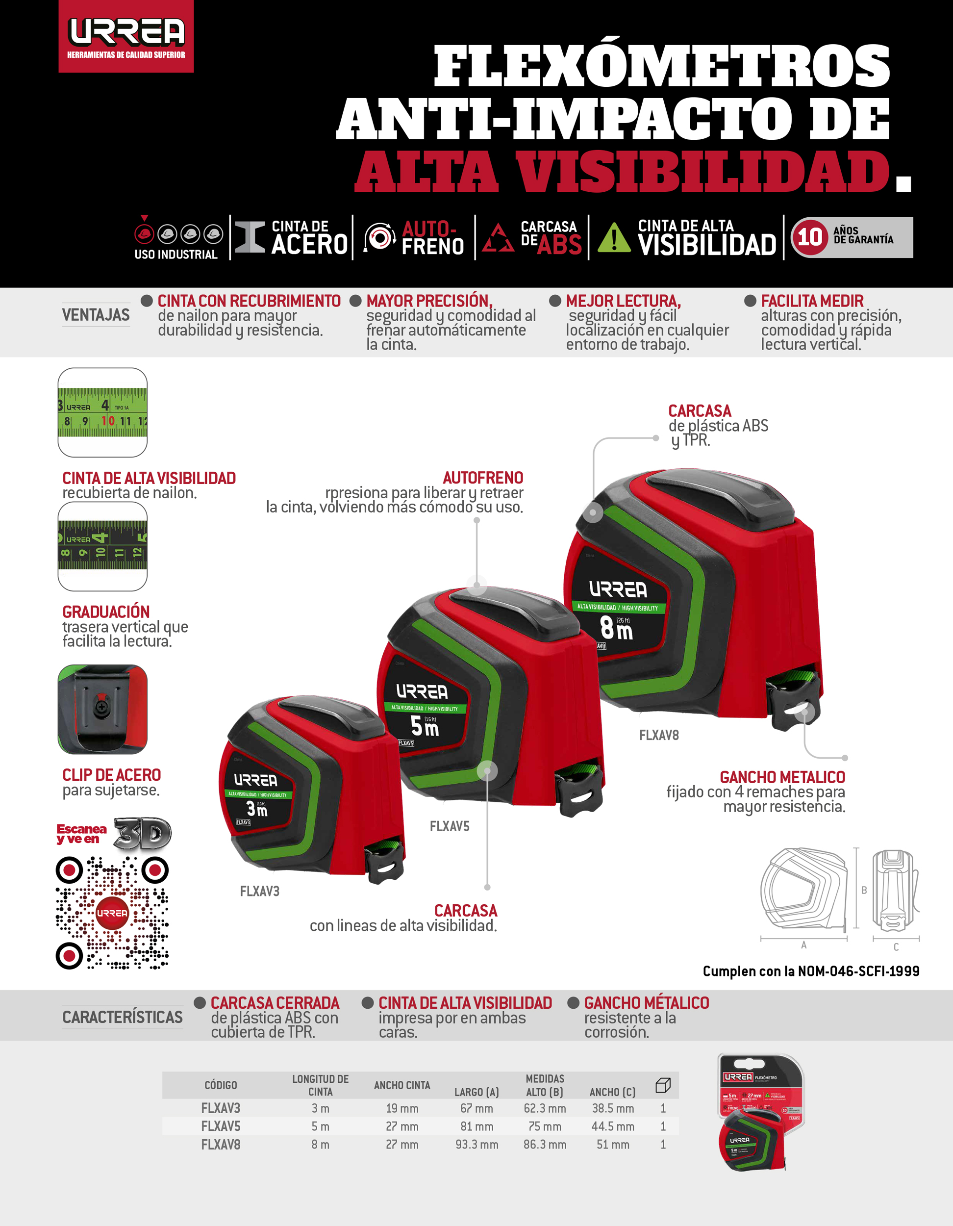 FLXAV8 Flexómetro alta visibilidad 8 m Urrea - Imagen 2