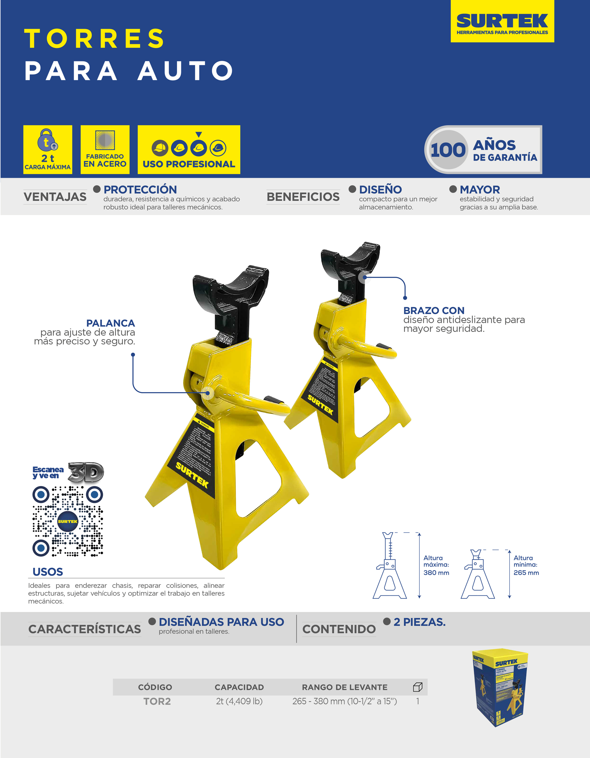 TOR2 Torres para automóvil de acero, 2 ton, 2 piezas Surtek - Imagen 2