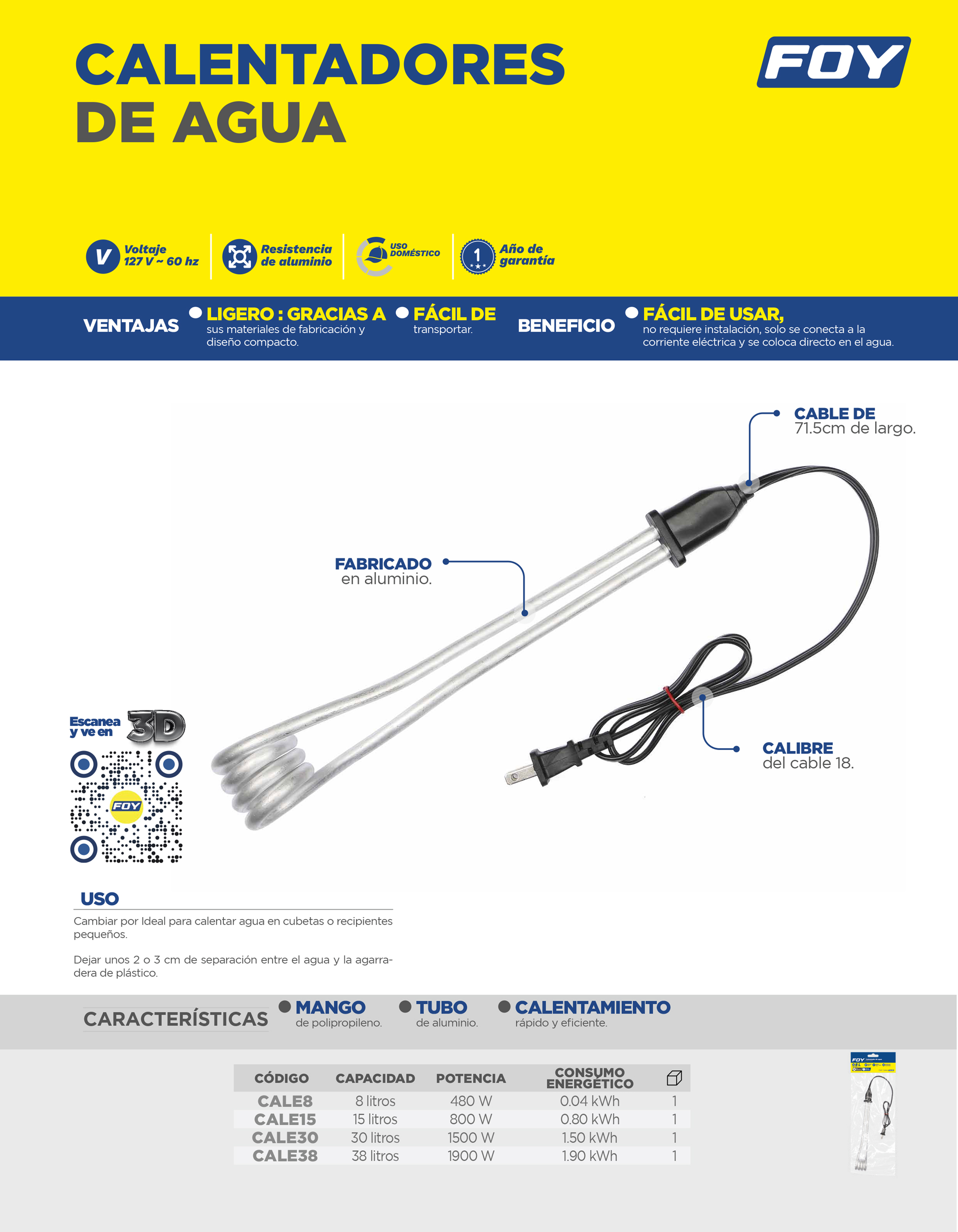 CALE30 Calentador de agua 30 Lt, 1500 W Foy - Imagen 2