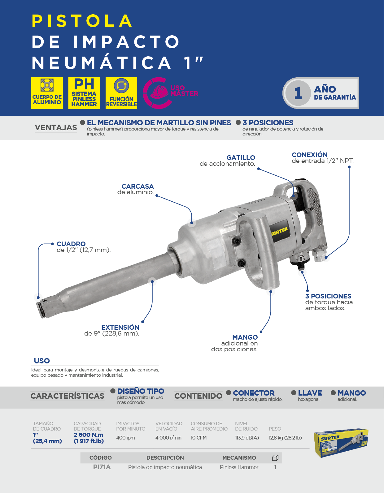 PI71A Pistola de impacto neumática cuadro de 1" 1,920 Ft-lb con extensión 9" sistema twin hammer Surtek - Imagen 2