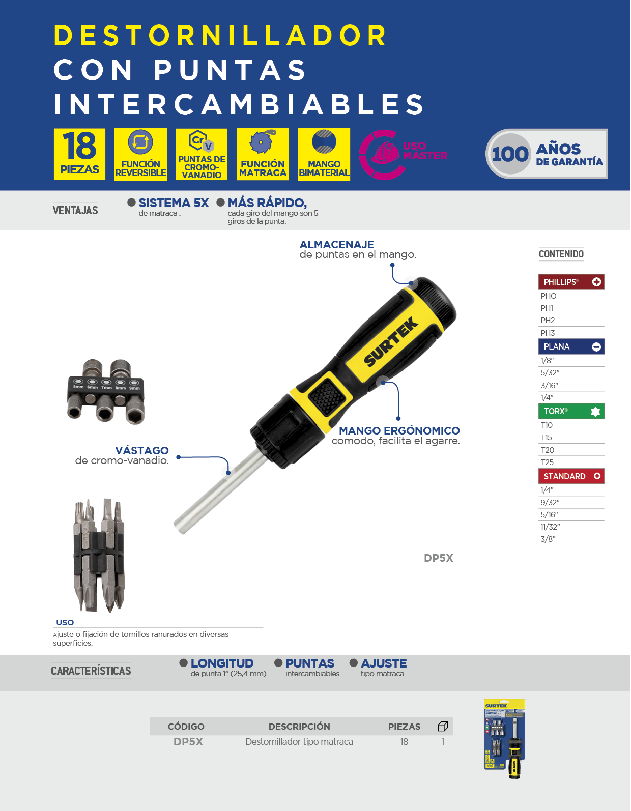 DP5X Destornillador con mango bimaterial de matraca reversible 5X con puntas intercambiables 18 en 1 Surtek - Imagen 2