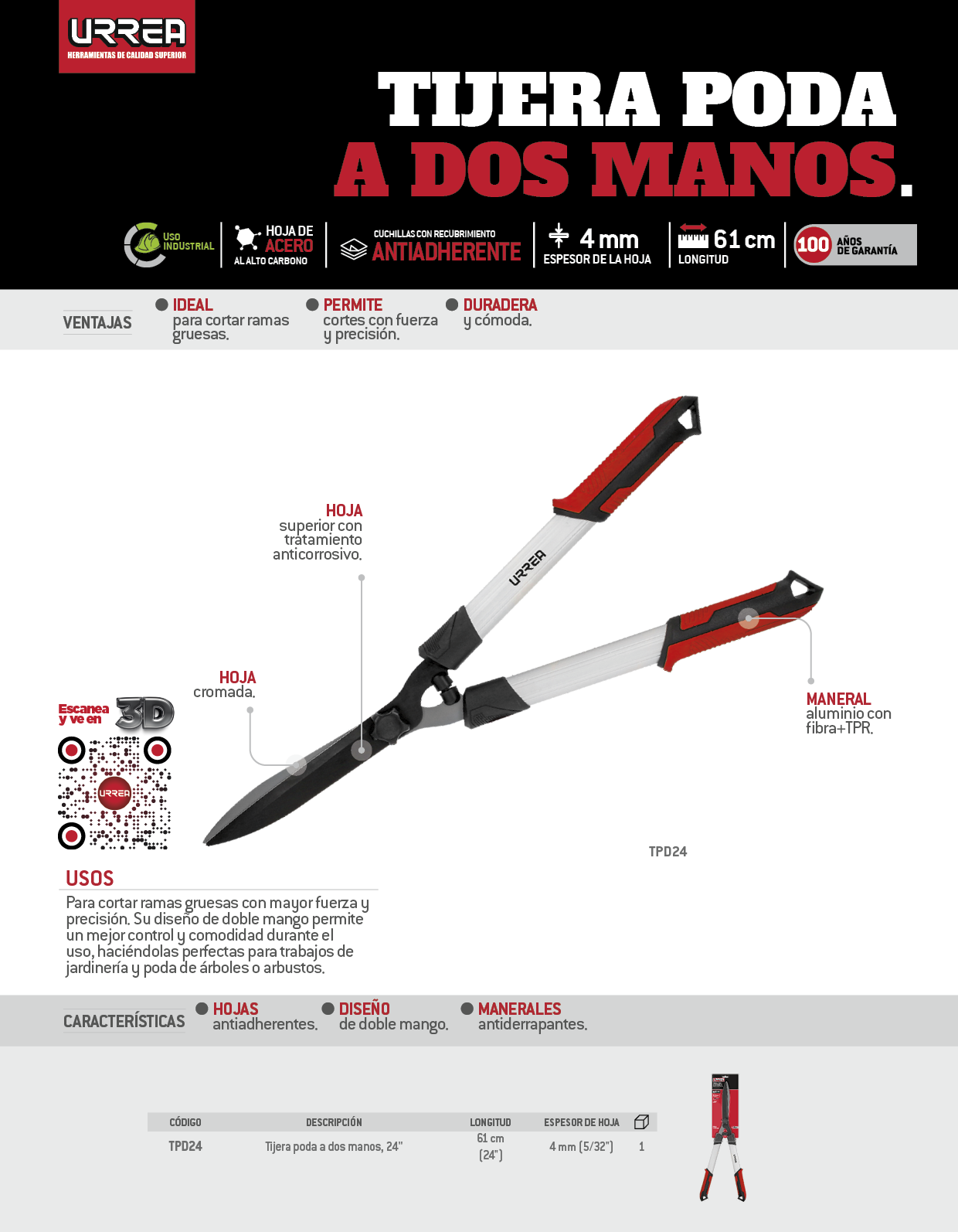 TPD24 Tijeras para poda a dos manos 24" Urrea - Imagen 2