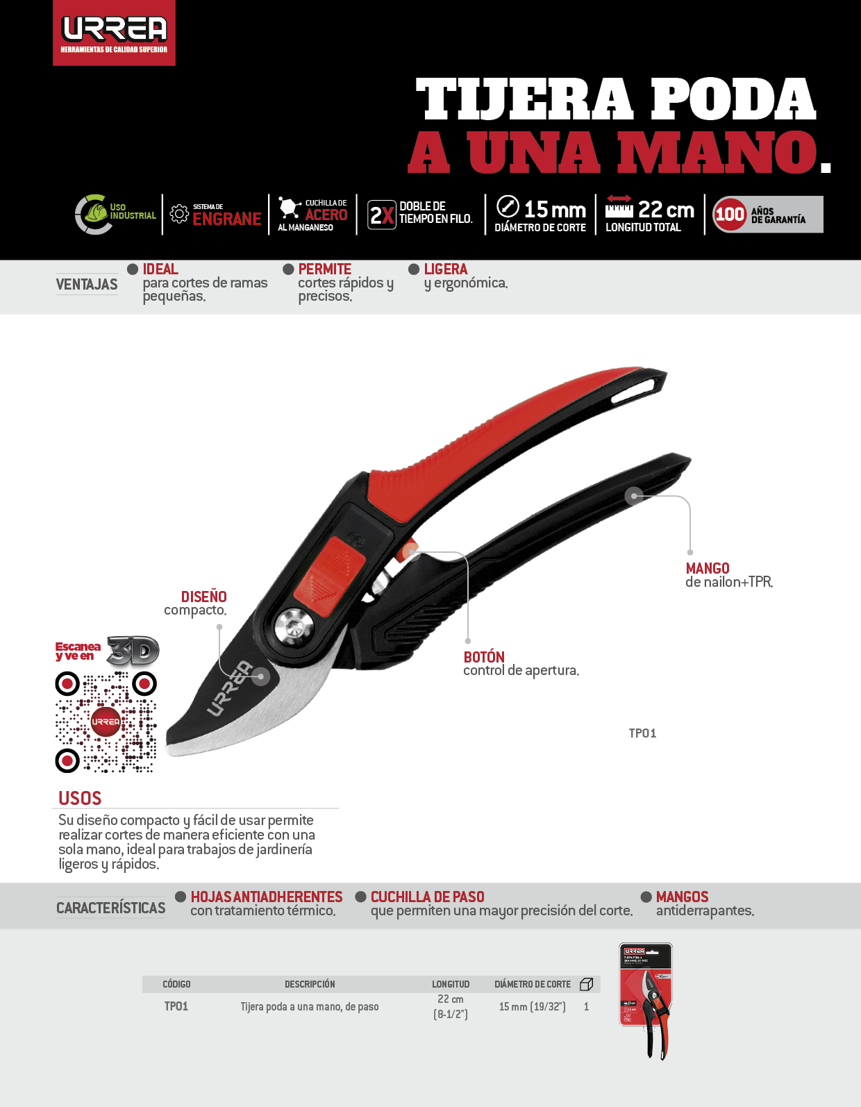 TPO1 Tijeras para poda a una mano 8-1/2" paso Urrea - Imagen 2