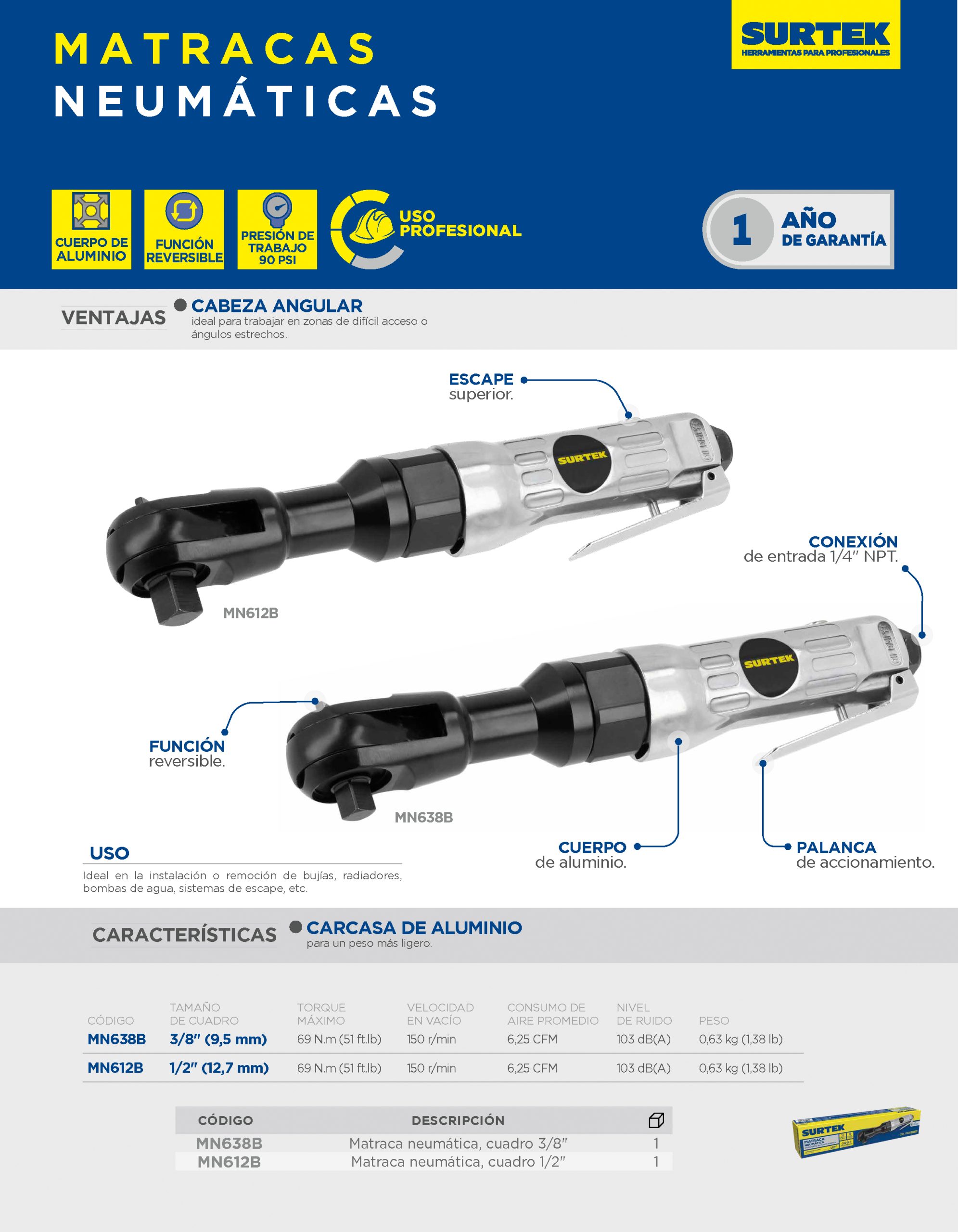 MN638B Matraca neumática cuadro de 3/8", 65 ft-lb Surtek - Imagen 2