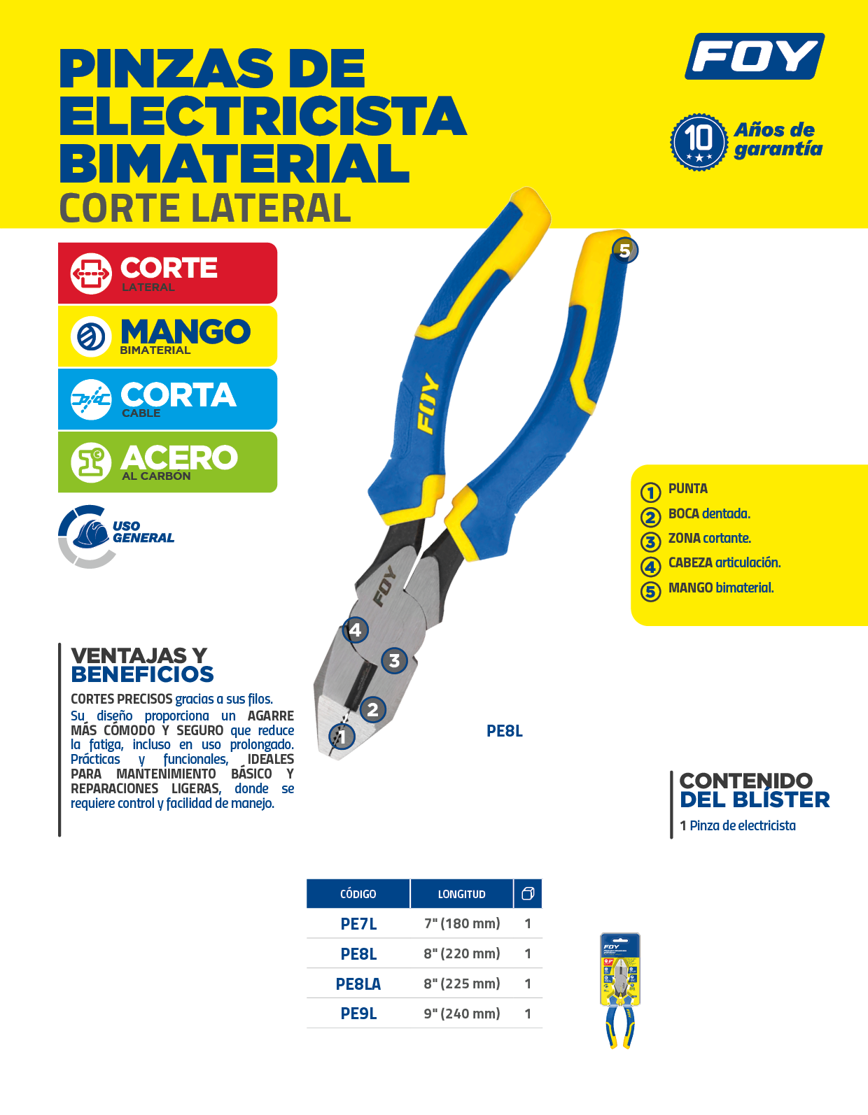 PE9L Pinza para electricista con mango bimaterial corte lateral de 9" Foy - Imagen 2