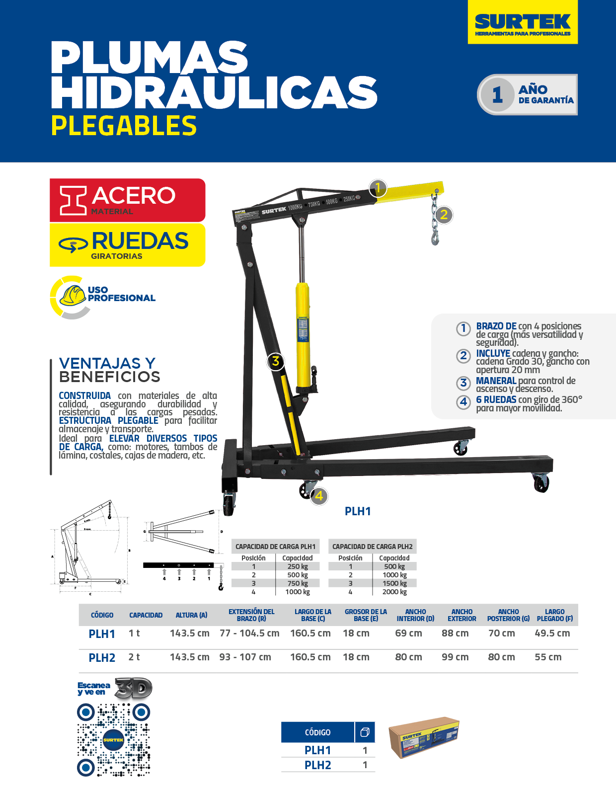 PLH1 Pluma hidráulica plegable con posición de levantamiento adaptable, 1 ton Surtek - Imagen 2