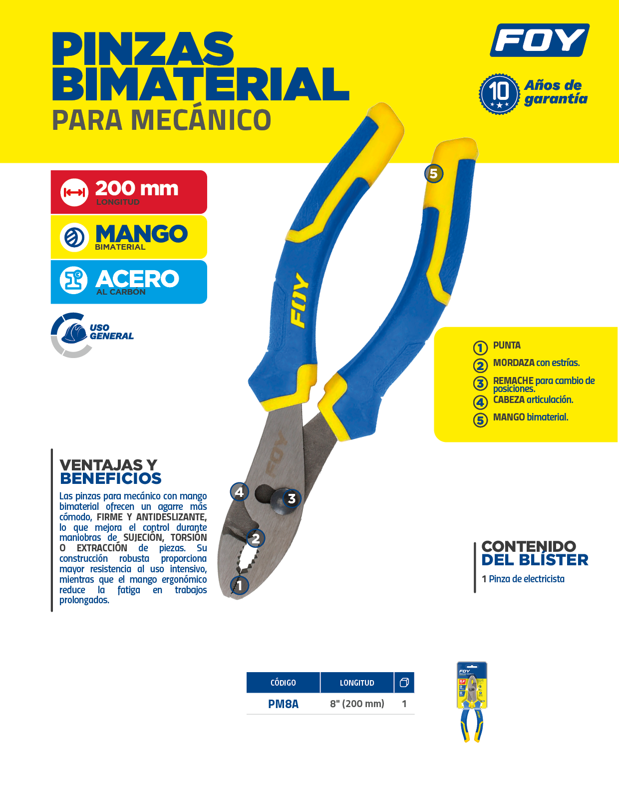 PM8A Pinza para mecánico con mango bimaterial de 8" Foy - Imagen 2