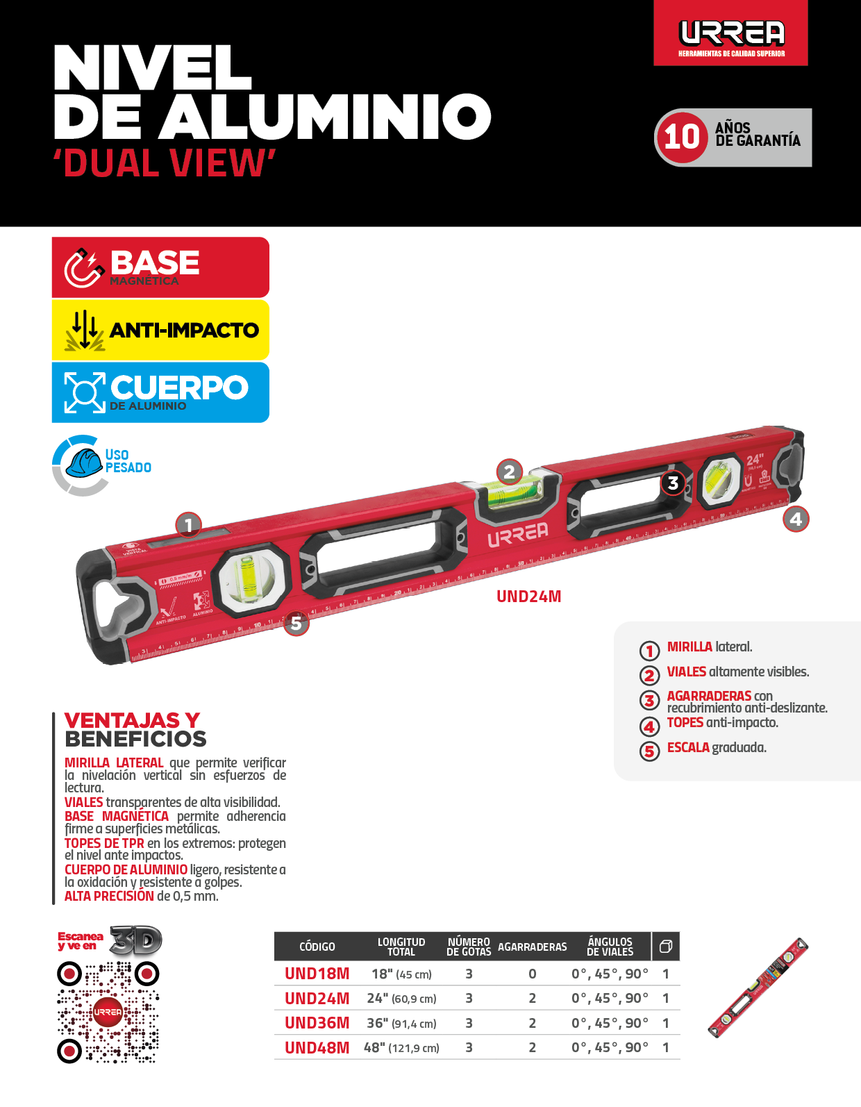 UND24M Nivel anti-impacto dual view magnético de aluminio 24" Urrea - Imagen 2