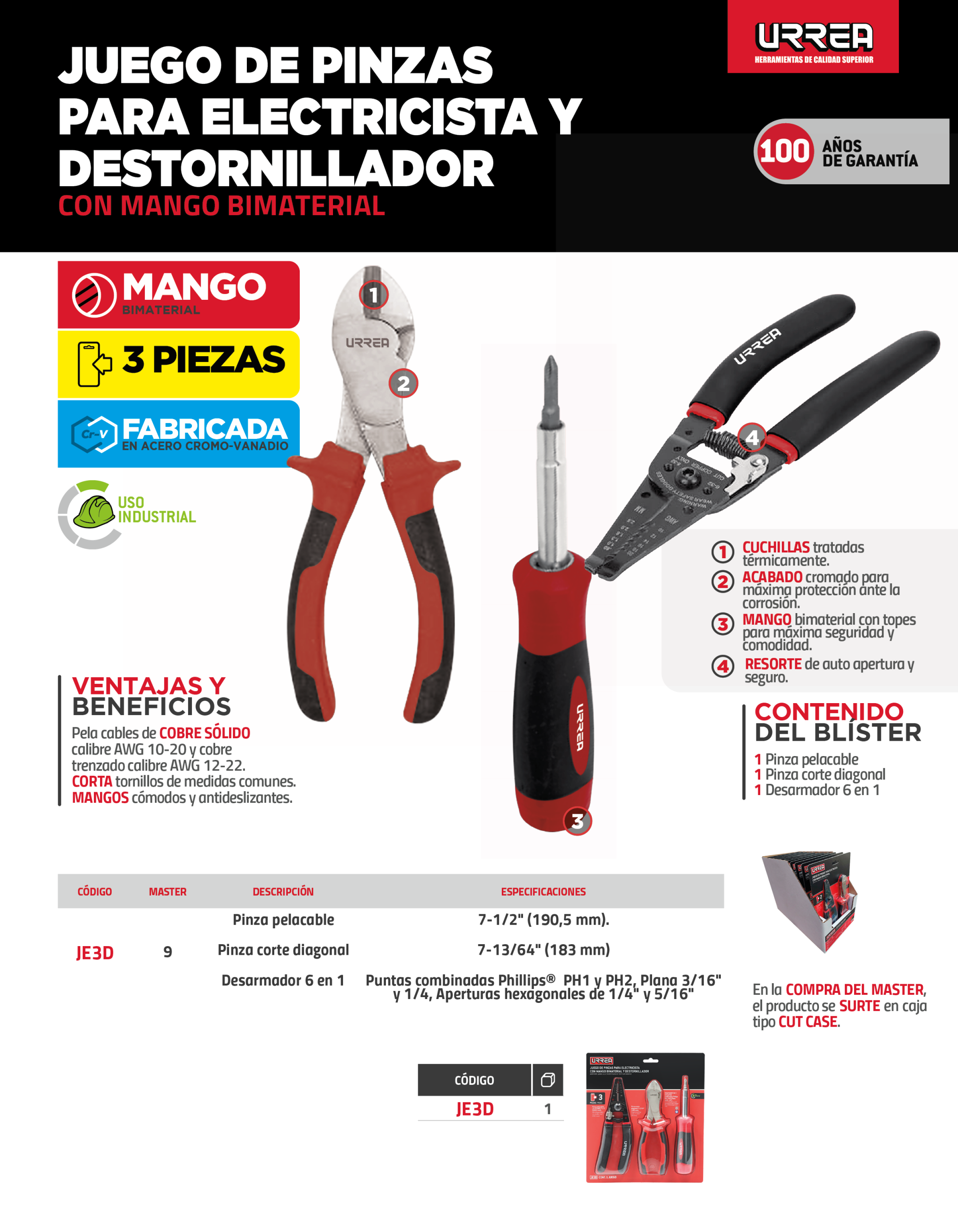JE3D Juego de pinzas para electricista con mango bimaterial con destornillador, 3 piezas Urrea - Imagen 3