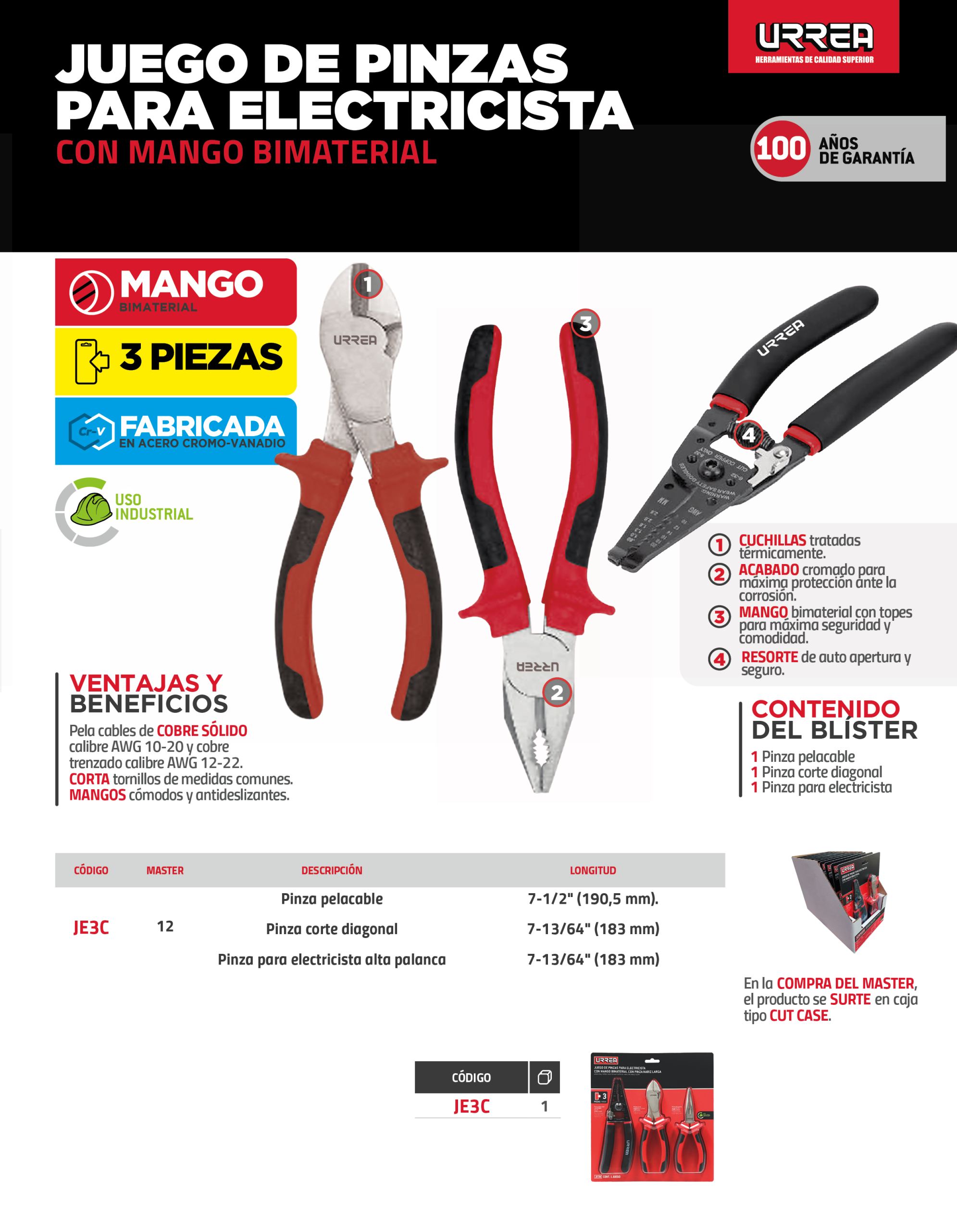 JE3C Juego de pinzas para electricista con mango bimaterial combinado, 3 piezas Urrea - Imagen 3